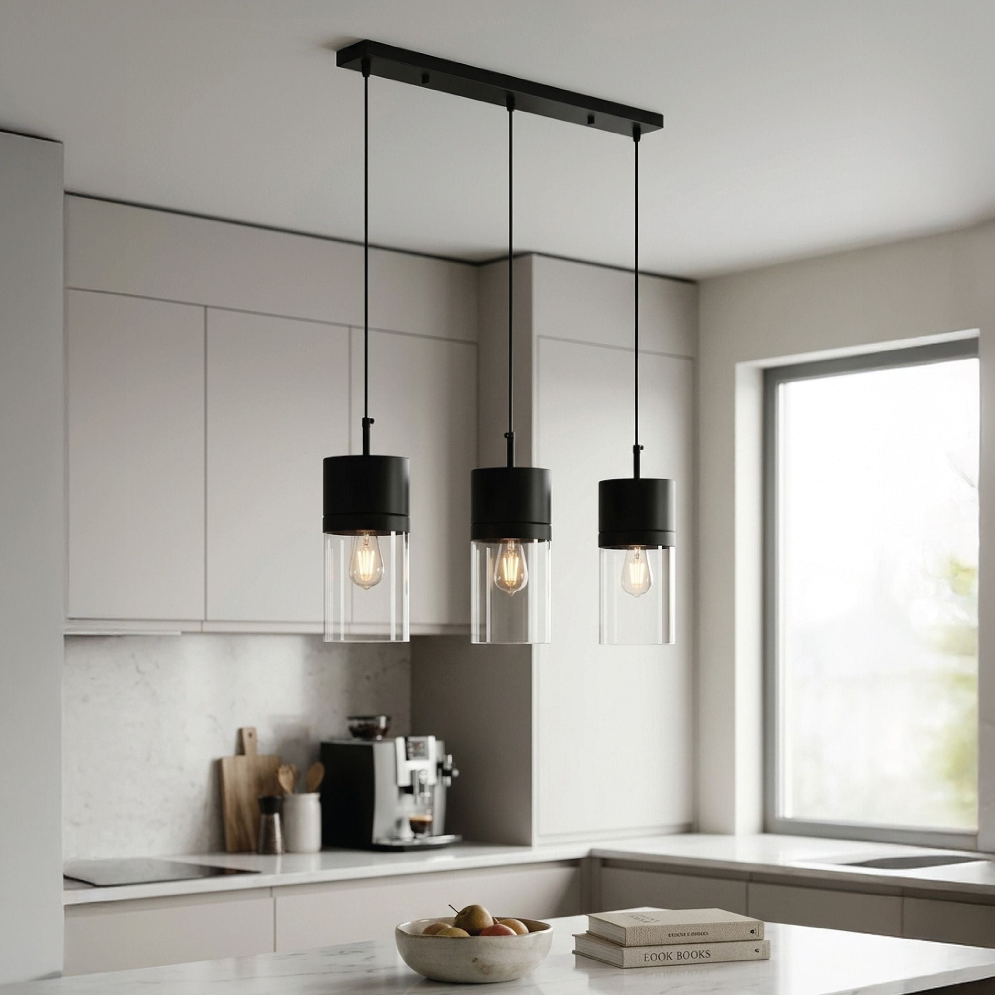 Athena Pendant in 3-Light / Matte Black, Lifestyle View.