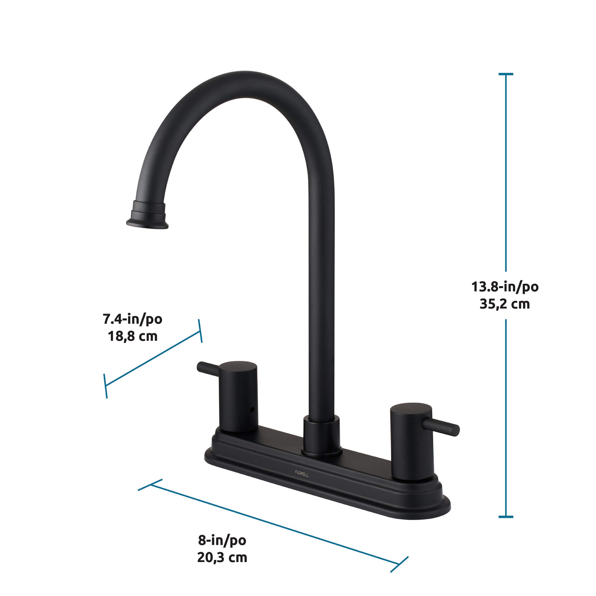Sophia 2-Handle Kitchen Faucet in Matte Black, Dimensions Diagram.