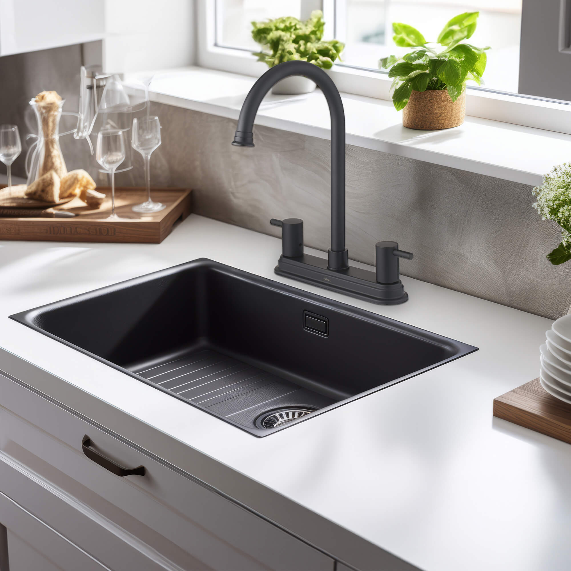 Sophia 2-Handle Kitchen Faucet in Matte Black, Lifestyle View.