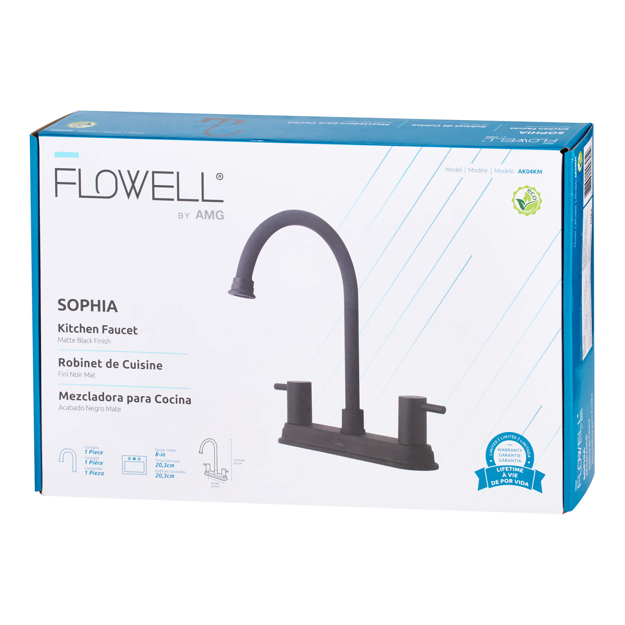 Sophia 2-Handle Kitchen Faucet in Matte Black, Packaging View.