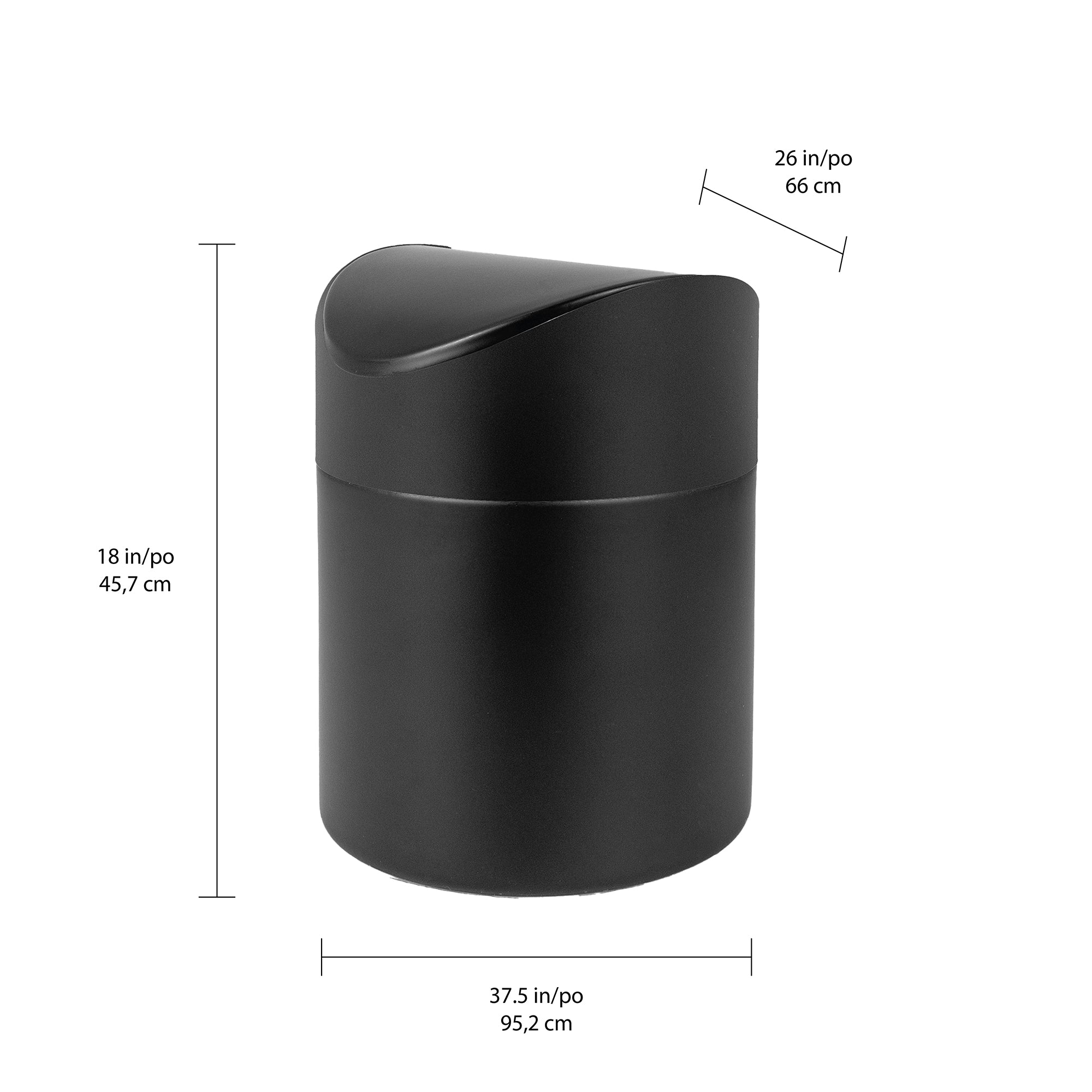 Lex 1.5L Waste Bin in Matte Black, Dimensions Diagram.