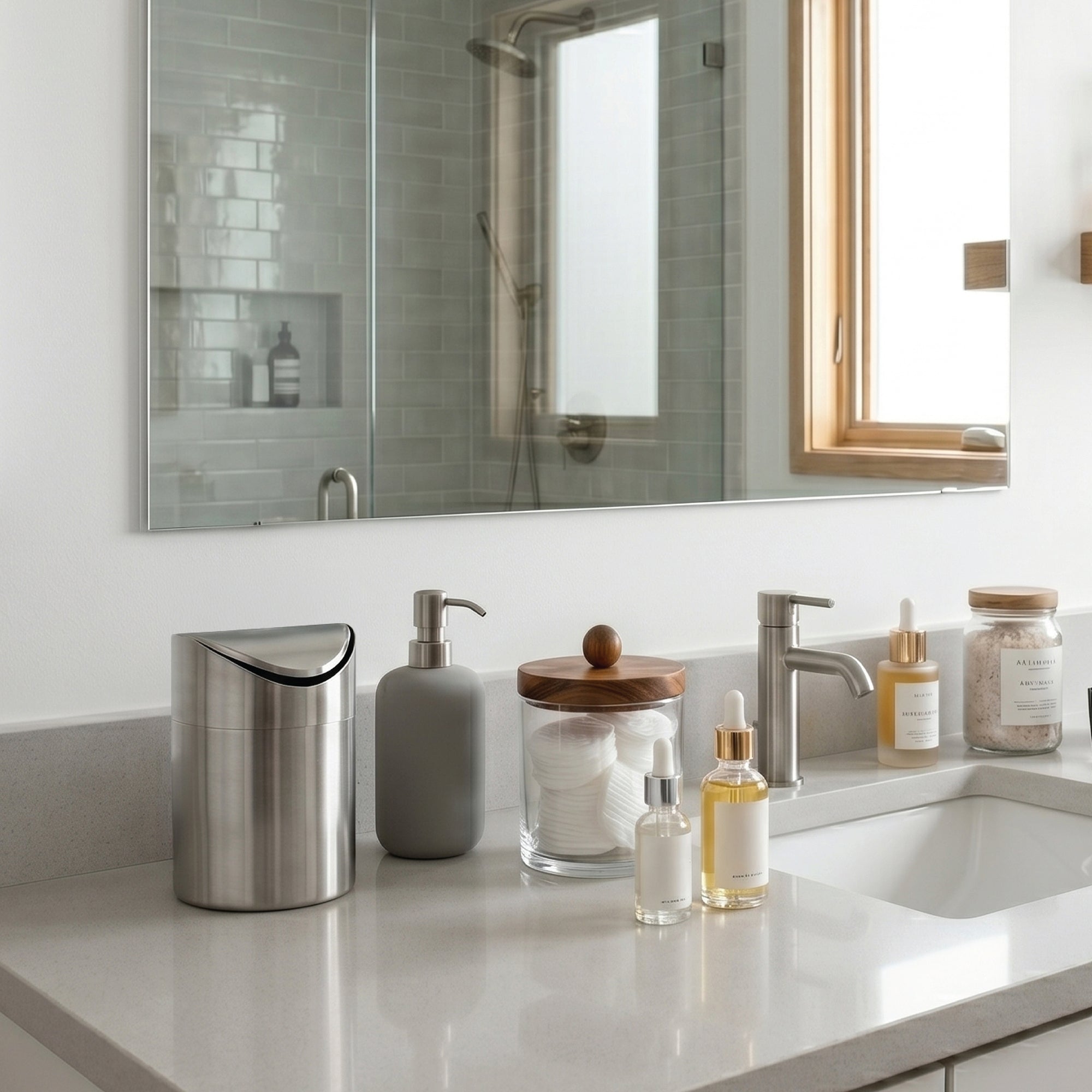 Lex 1.5L Waste Bin in Satin Nickel, Lifestyle View.