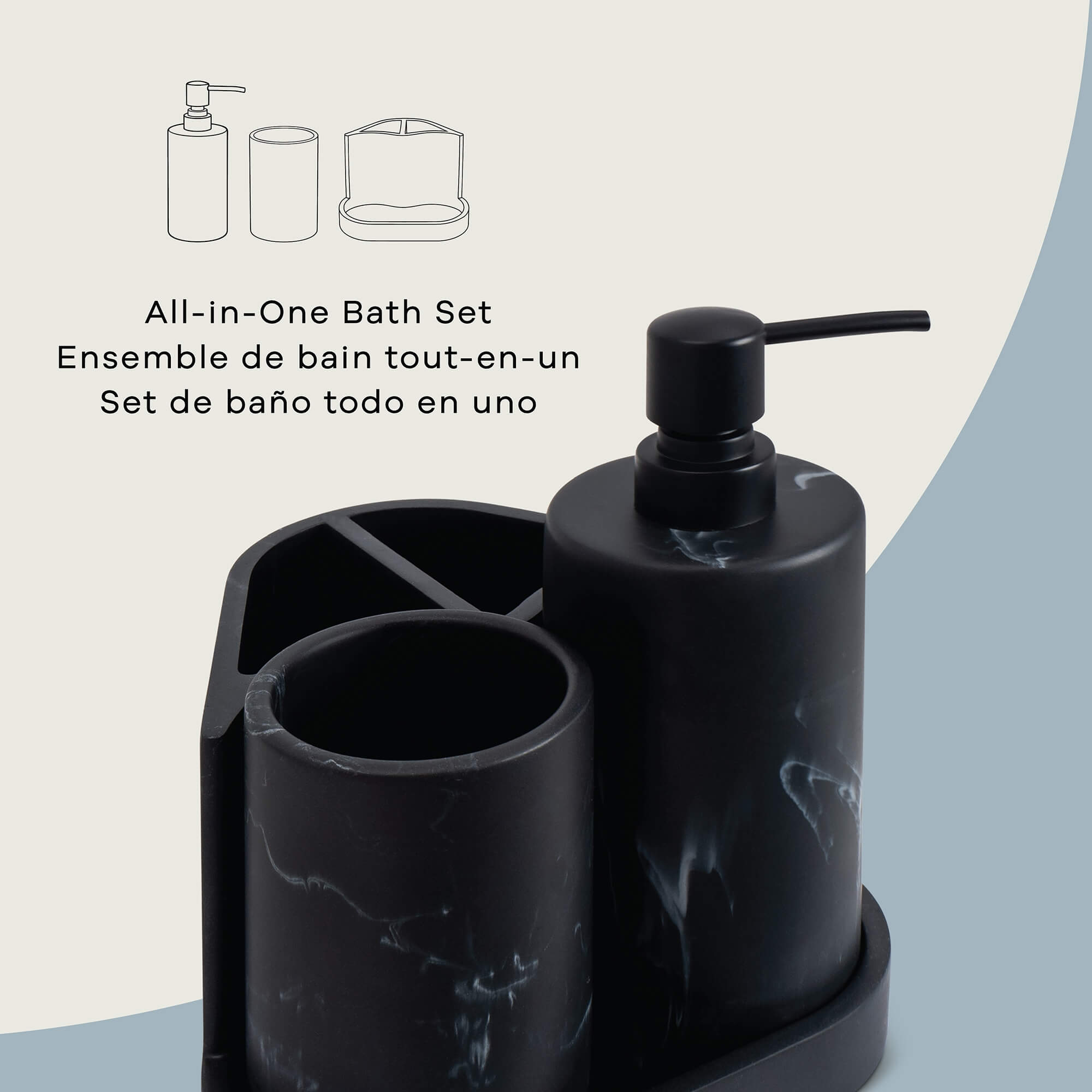 Zoe 3pc Marble Bath Set in Marble Black, alternate detail view 3.
