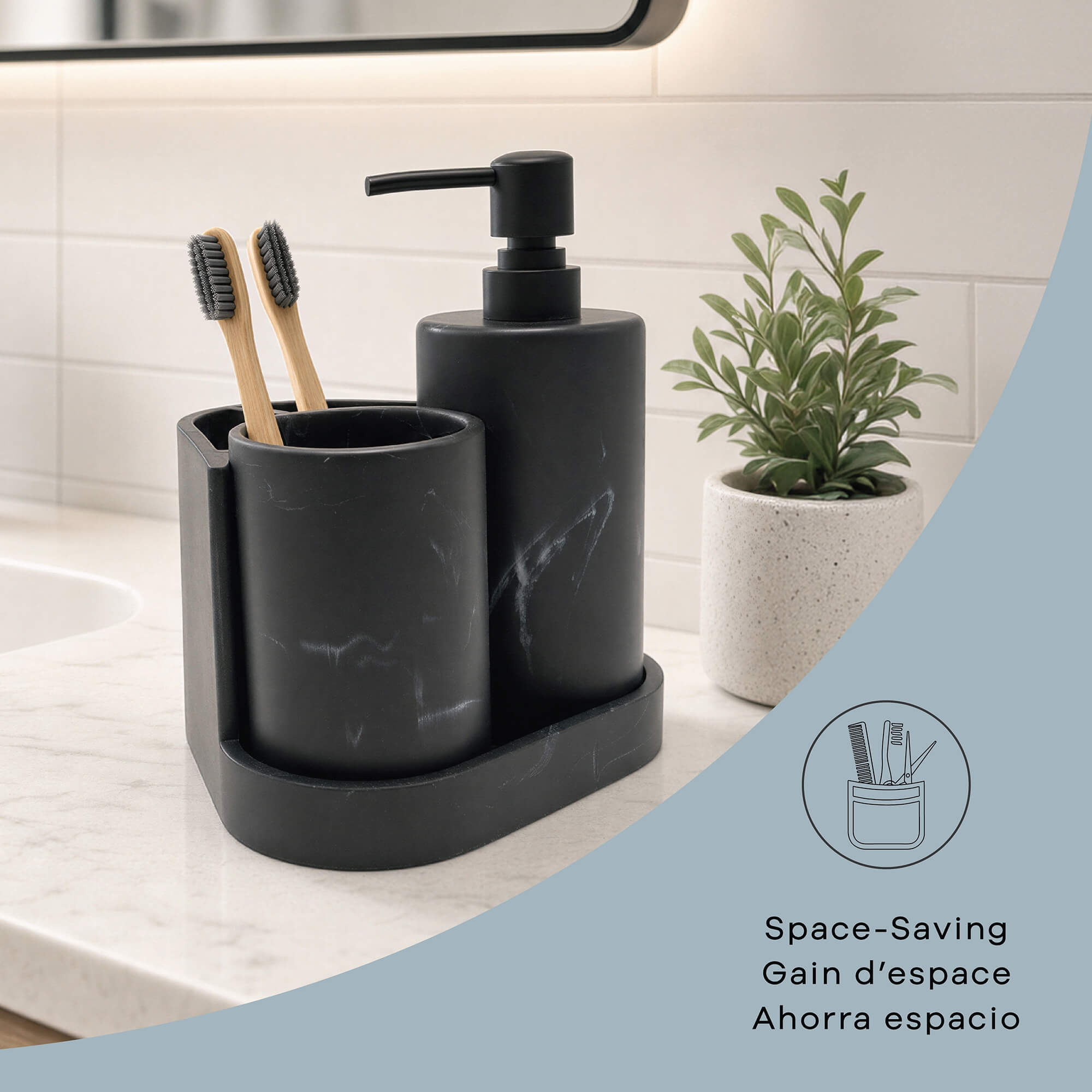 Zoe 3pc Marble Bath Set in Marble Black, alternate detail view 4.