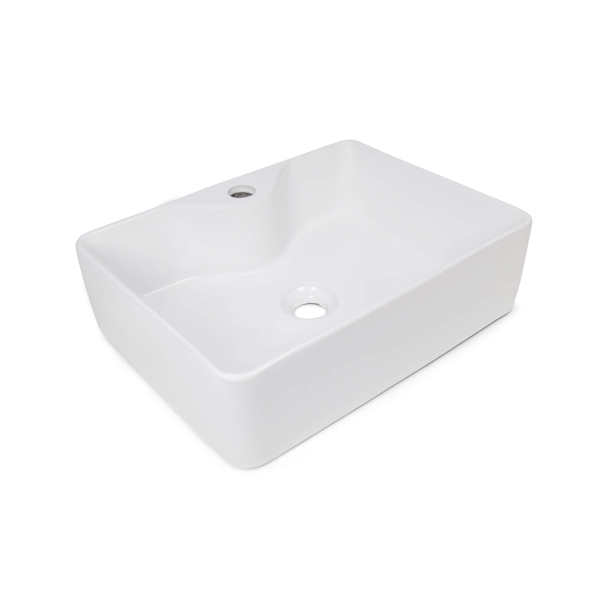 Alia Rectangular Ceramic Basin, Three-Quarter View.