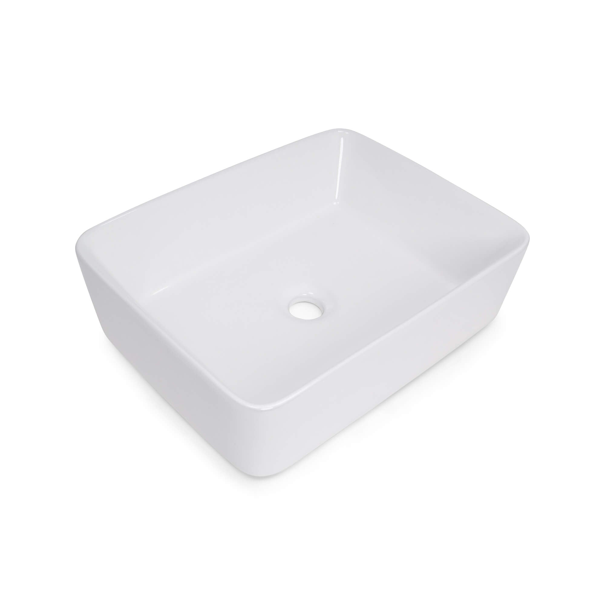 Jax Rectangular Ceramic Basin, Three-Quarter View.