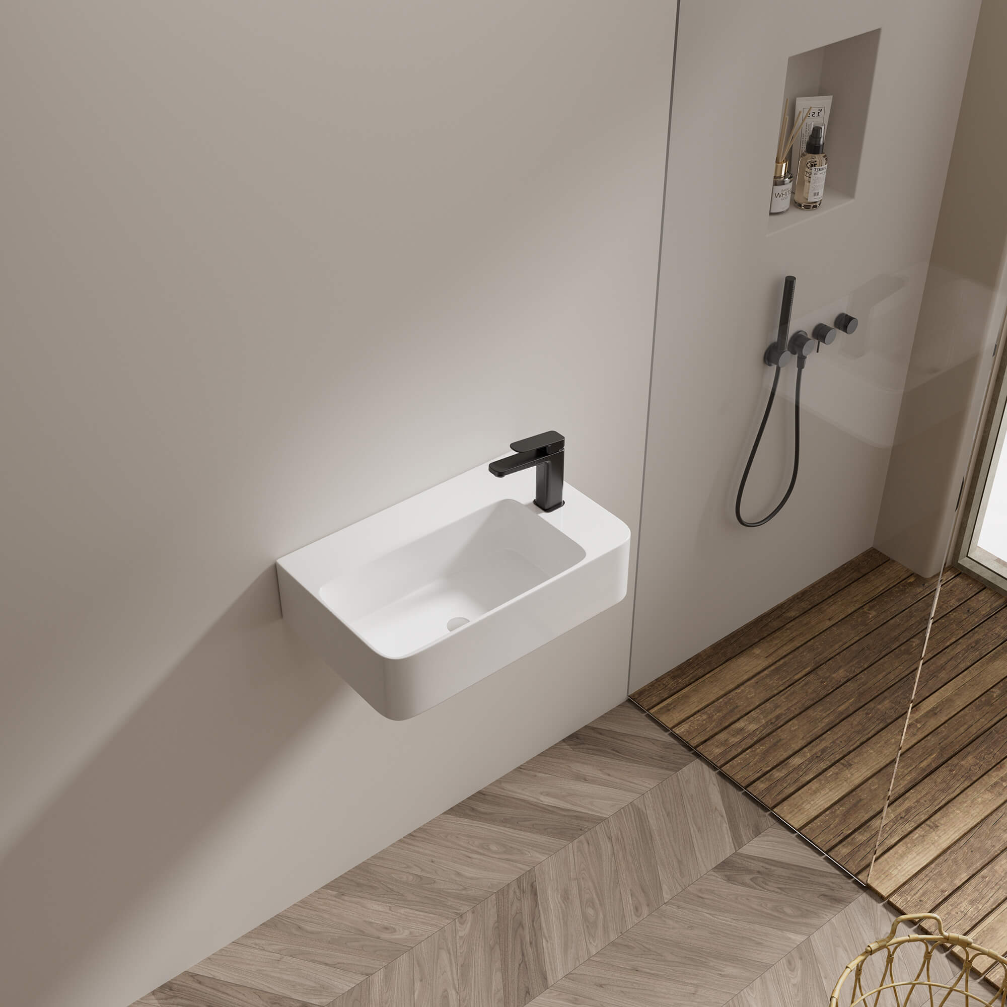 Busan Rectangular Ceramic Basin, lifestyle view.