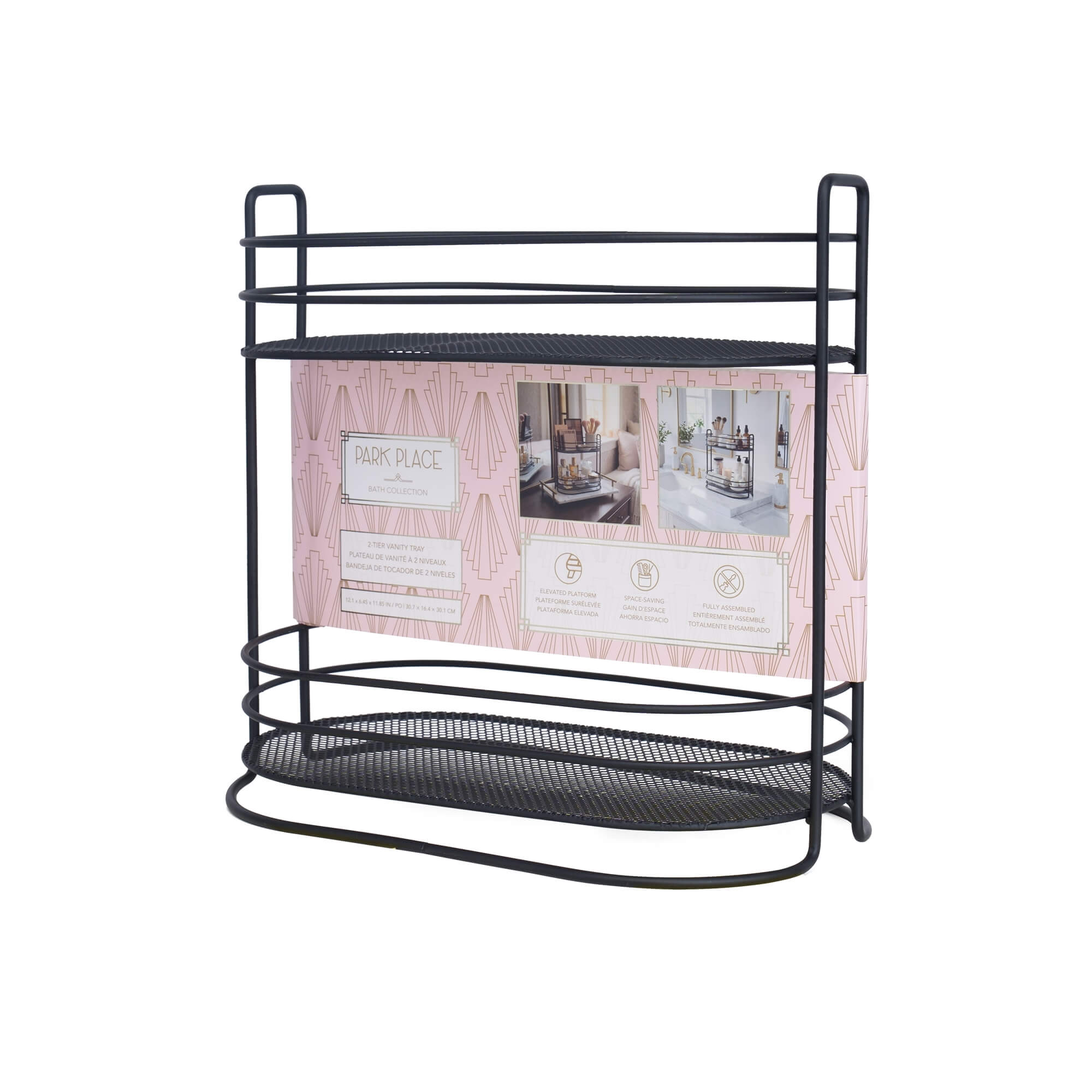 Elrond 2-Tier Oval Spa Tower Vanity Tray in Matte Black, packaging view.