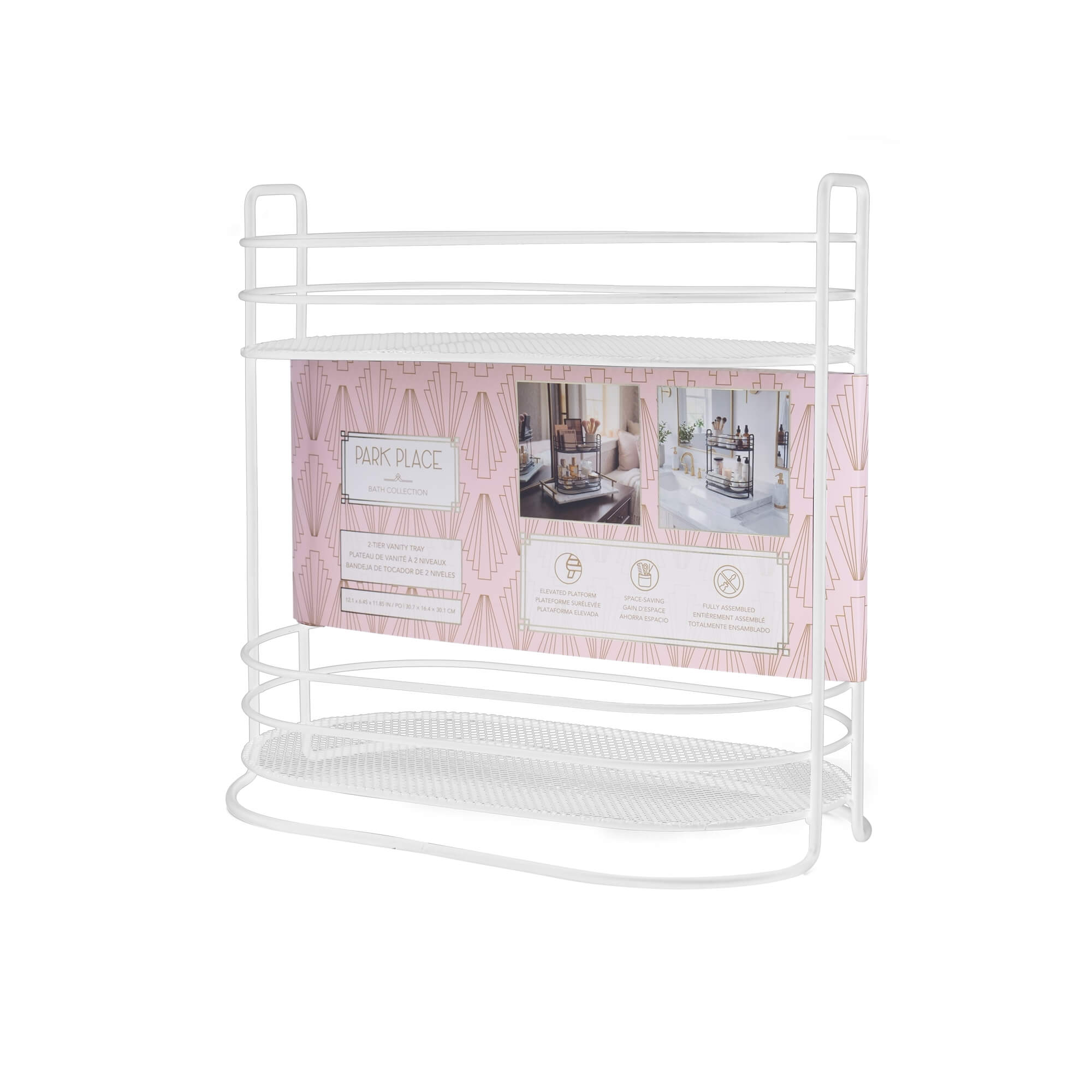 Elrond 2-Tier Oval Spa Tower Vanity Tray in Matte White, packaging view.