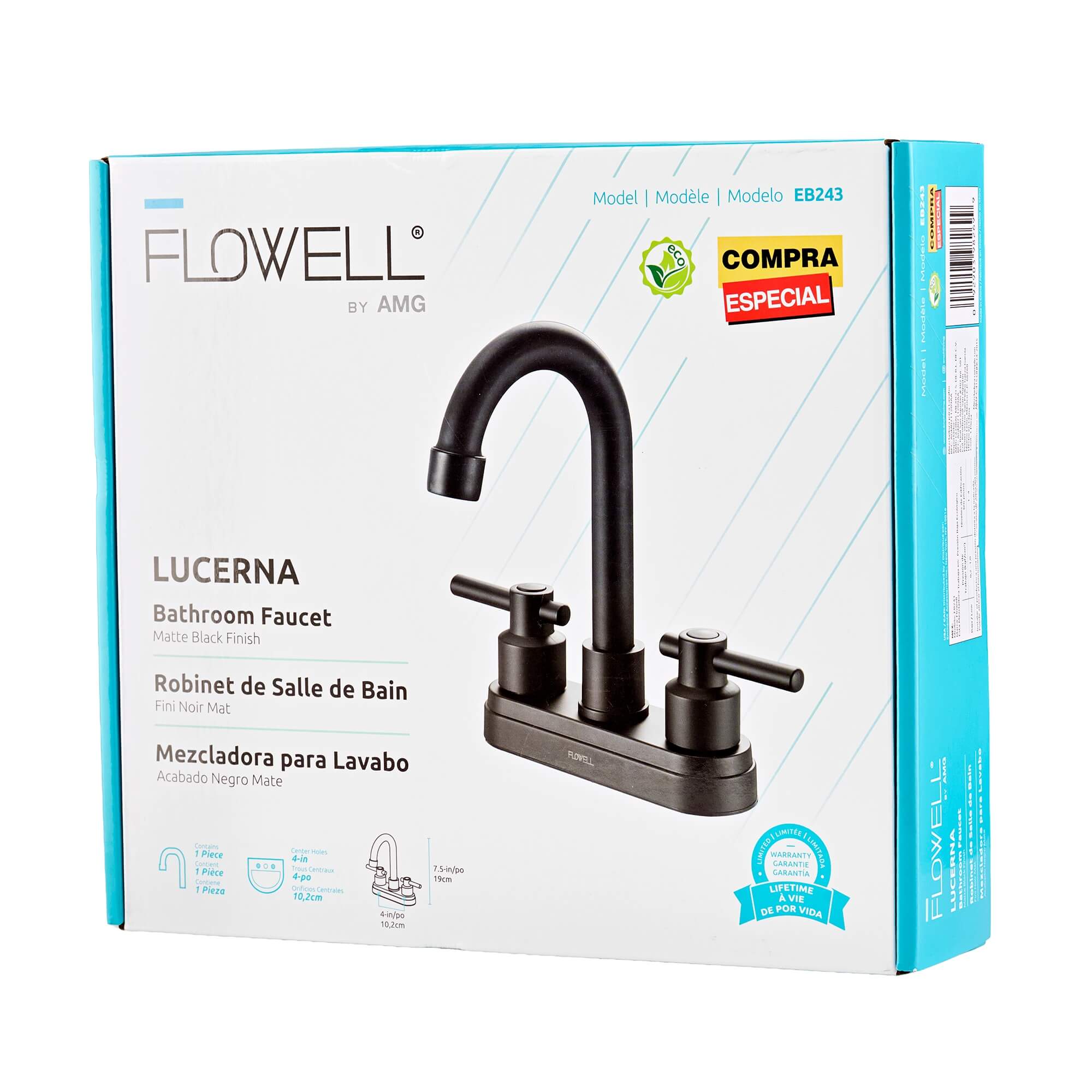 Lucerna 2-Handle Bathroom Faucet in Matte Black, packaging view.