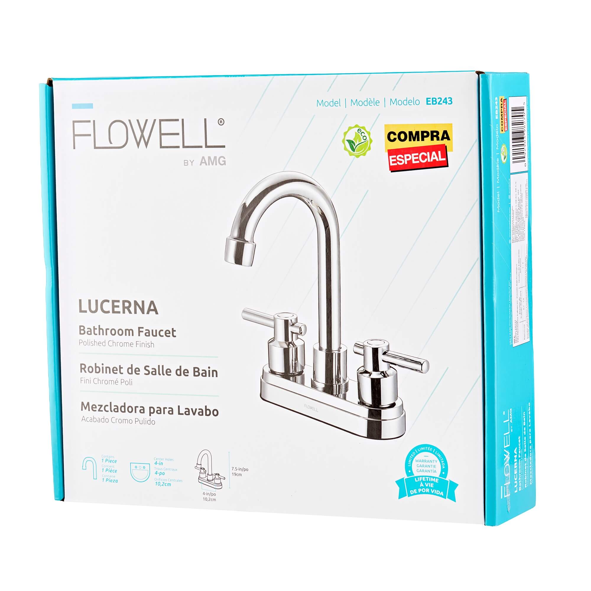 Lucerna 2-Handle Bathroom Faucet in Polished Chrome, packaging view.