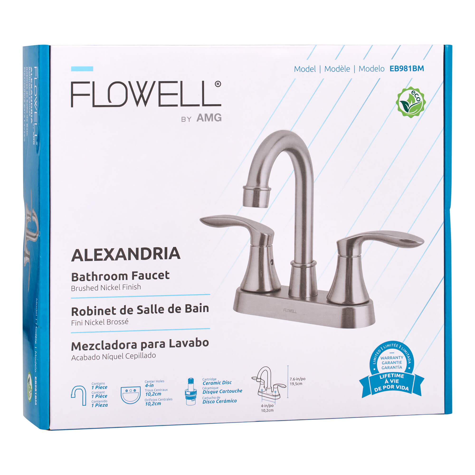 Alexandria 2-Handle Bathroom Faucet in Brushed Nickel, packaging view.