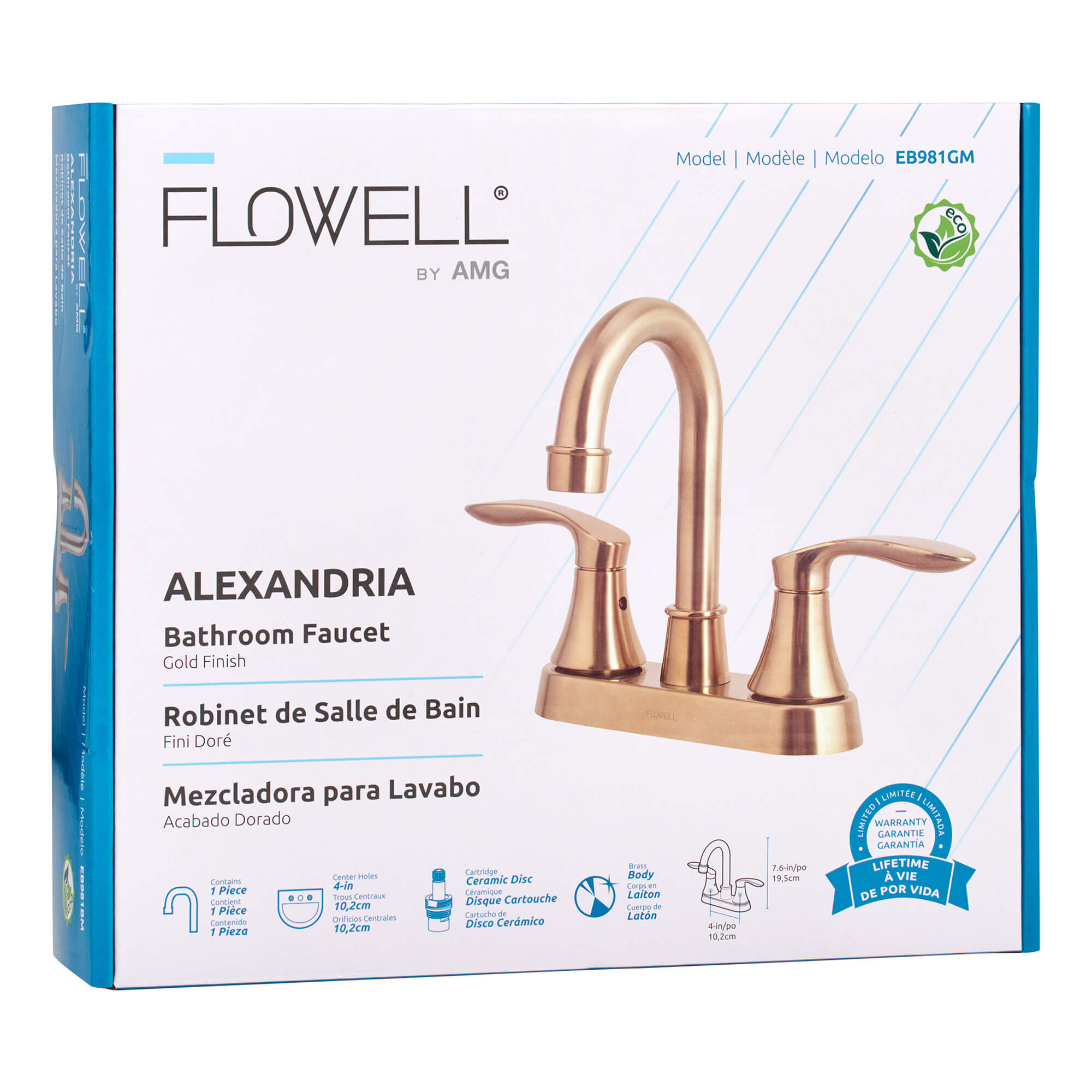 Alexandria 2-Handle Bathroom Faucet in Gold, packaging view.