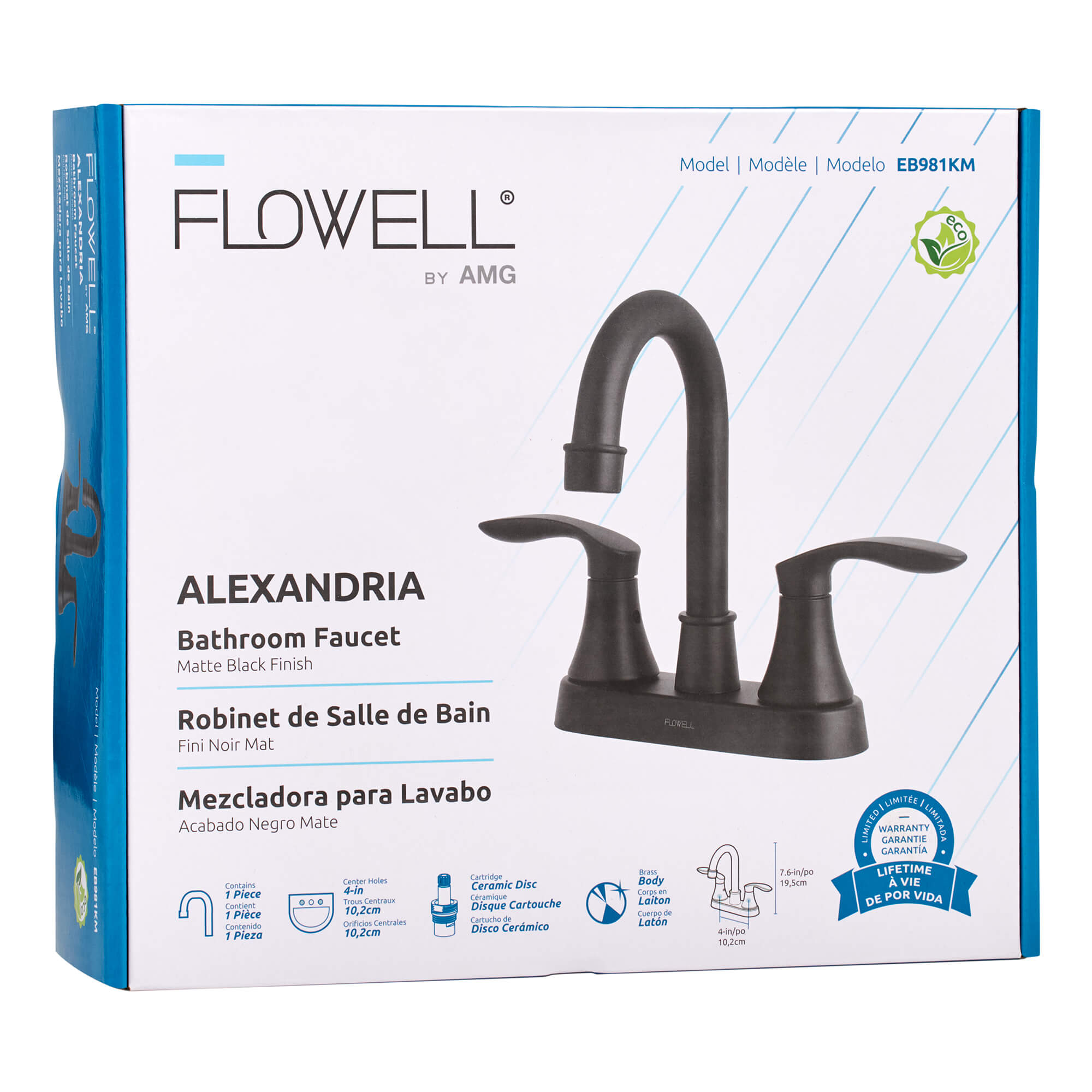 Alexandria 2-Handle Bathroom Faucet in Matte Black, packaging view.