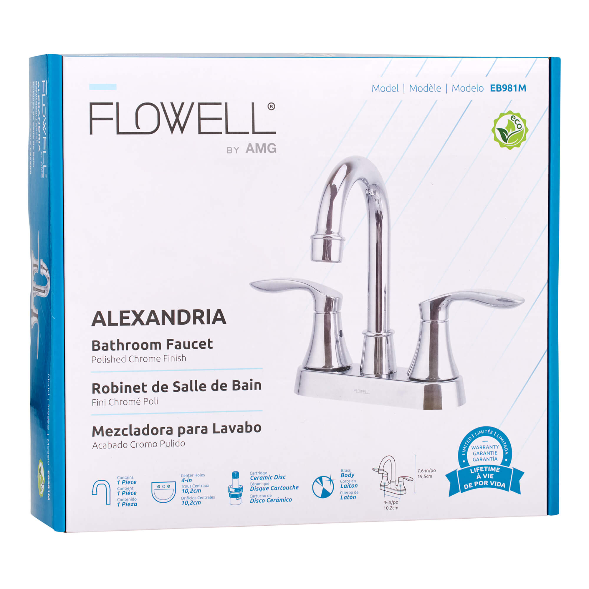 Alexandria 2-Handle Bathroom Faucet in Polished Chrome, packaging view.