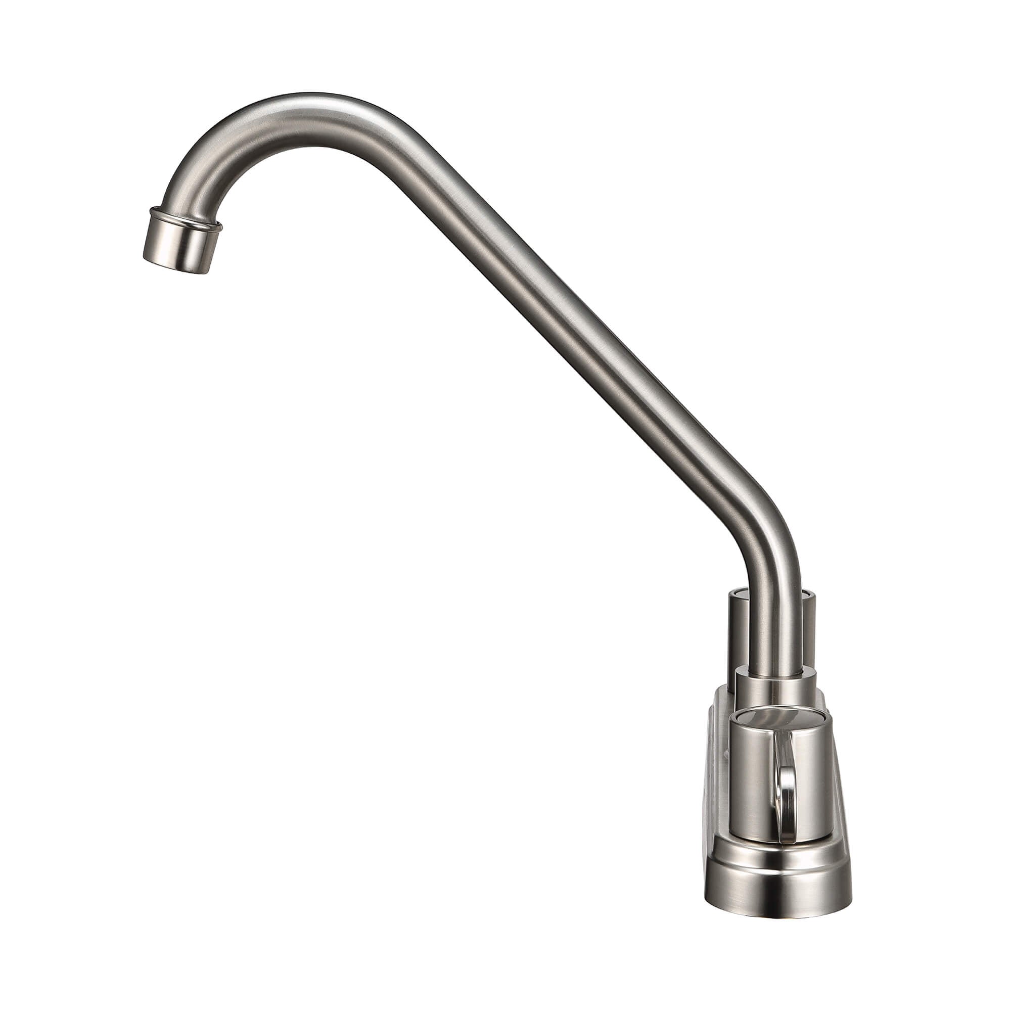 Nova 2-Handle Kitchen Faucet in Brushed Nickel, Side View.