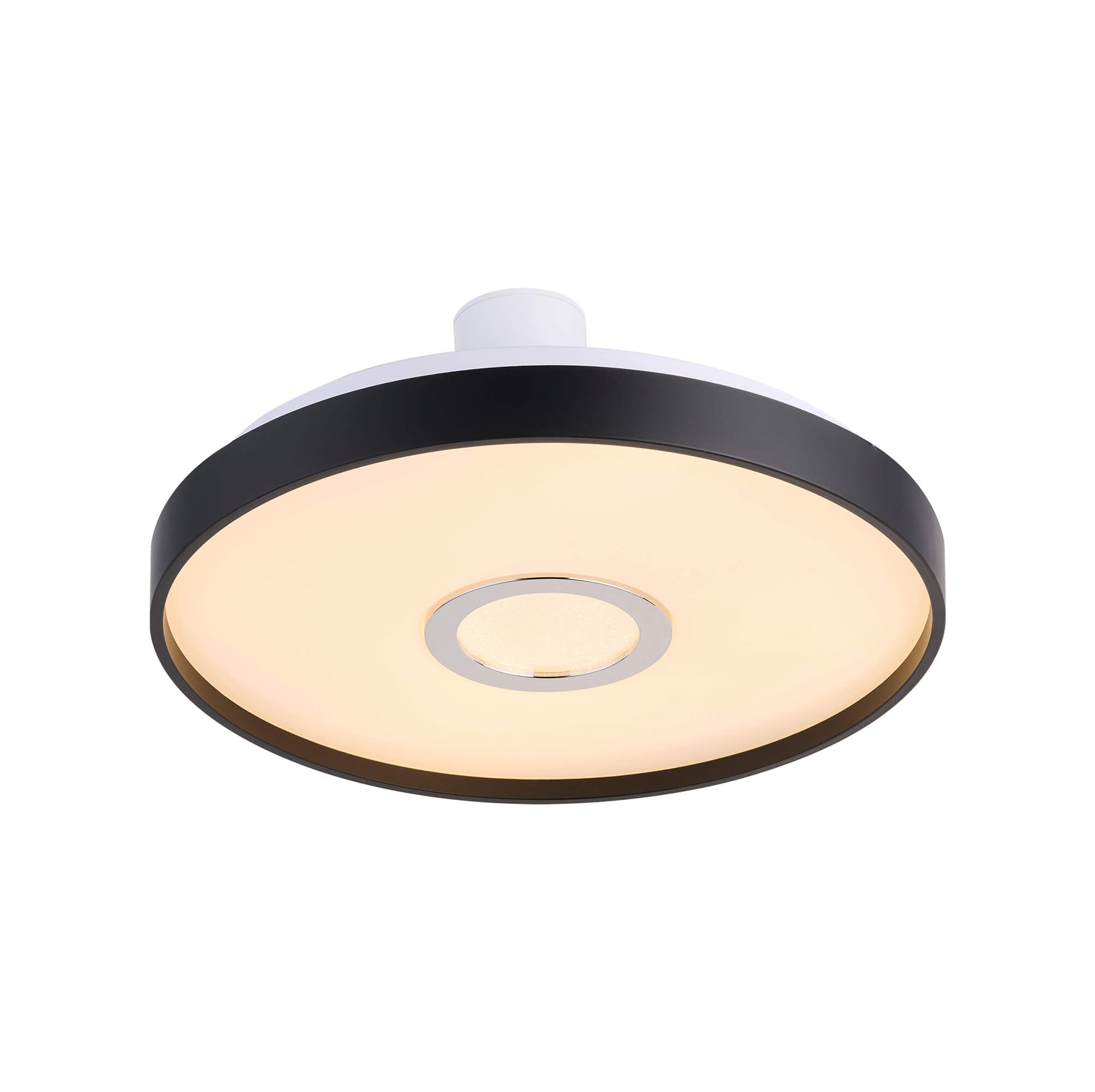 Liverpool LED Flushmount, three-quarter view, powered on.