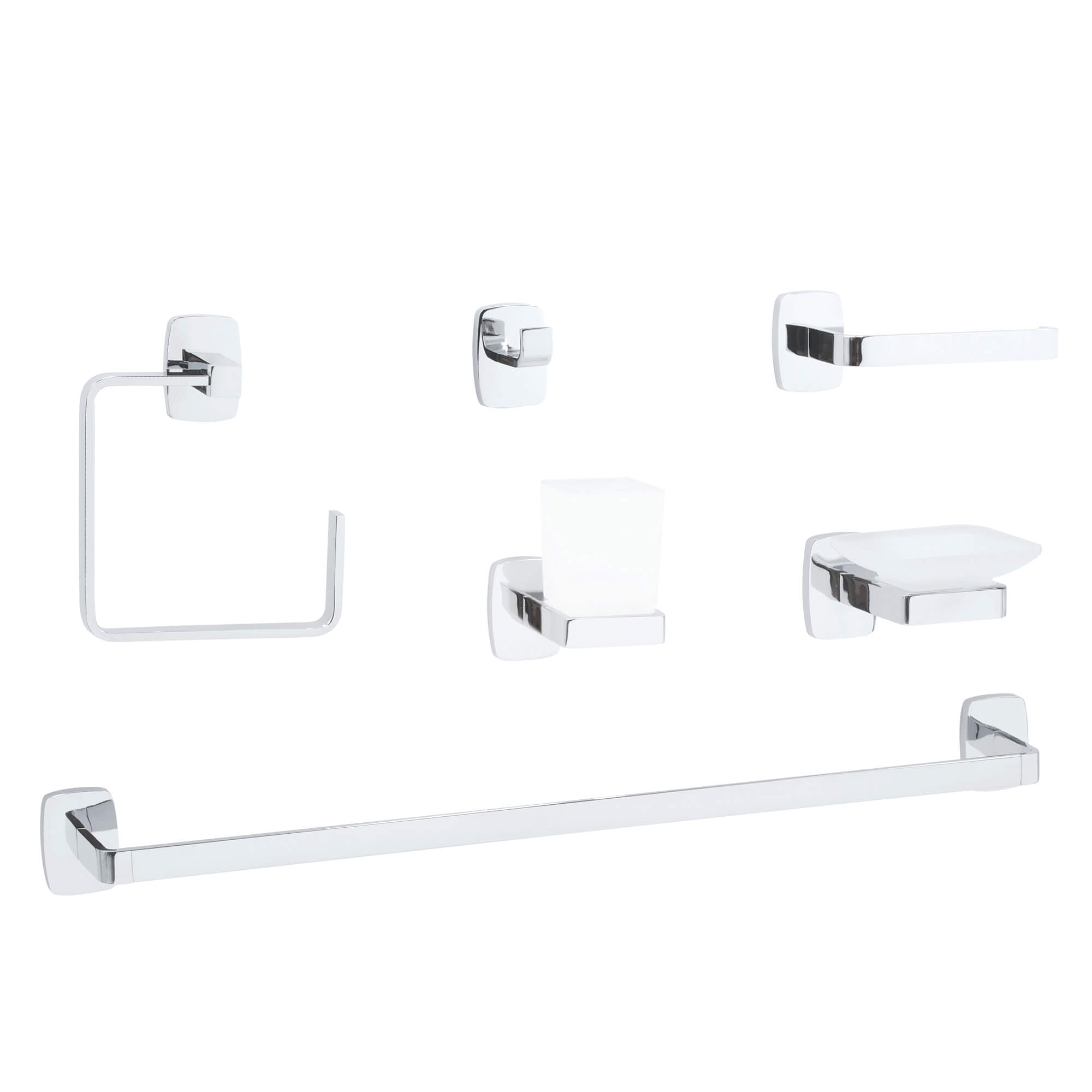 Londres 6-Pc Wall Hardware Set in Polished Chrome, Three-Quarter View.