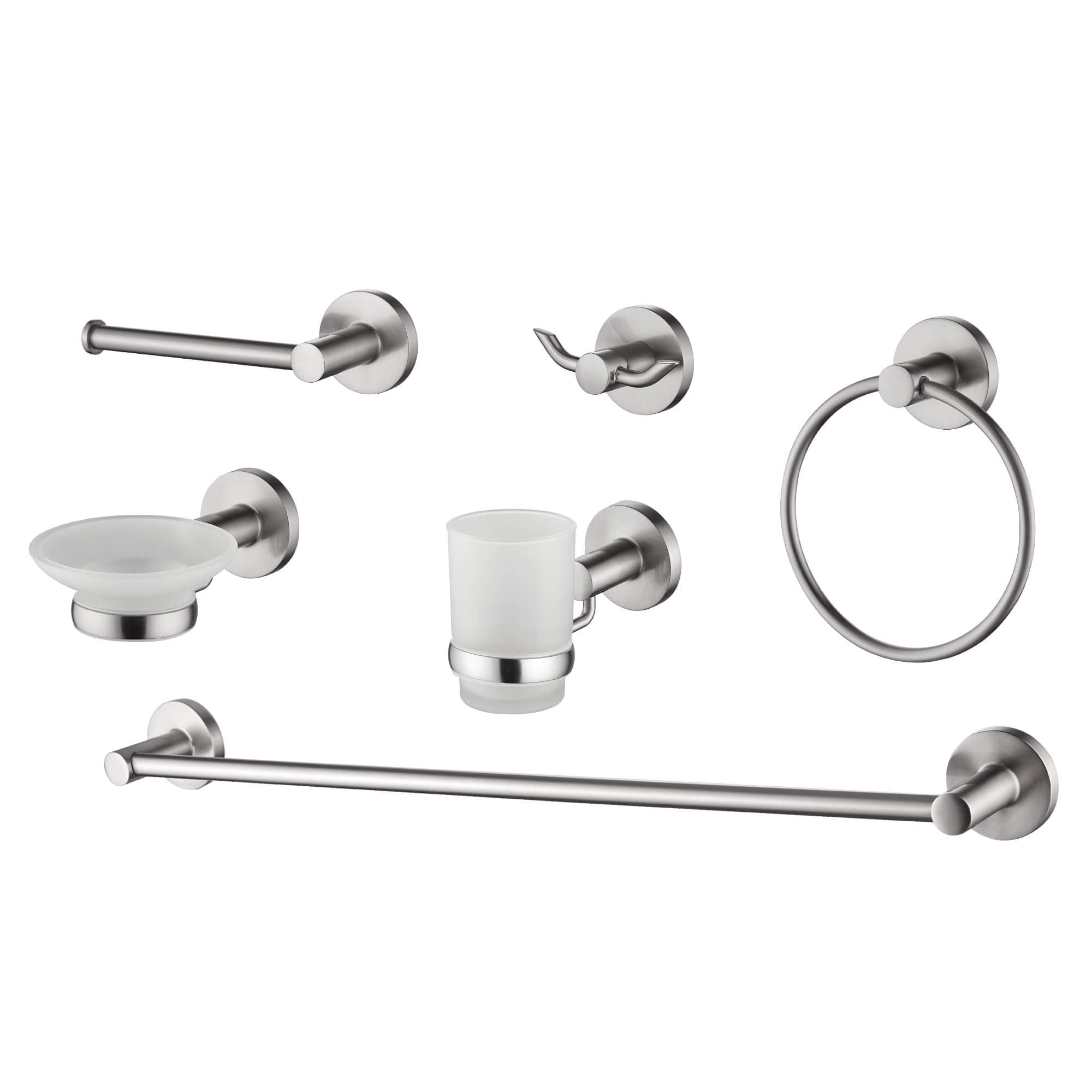 Raley 6-Pc Wall Hardware Set in Brushed Nickel, Three-Quarter View.