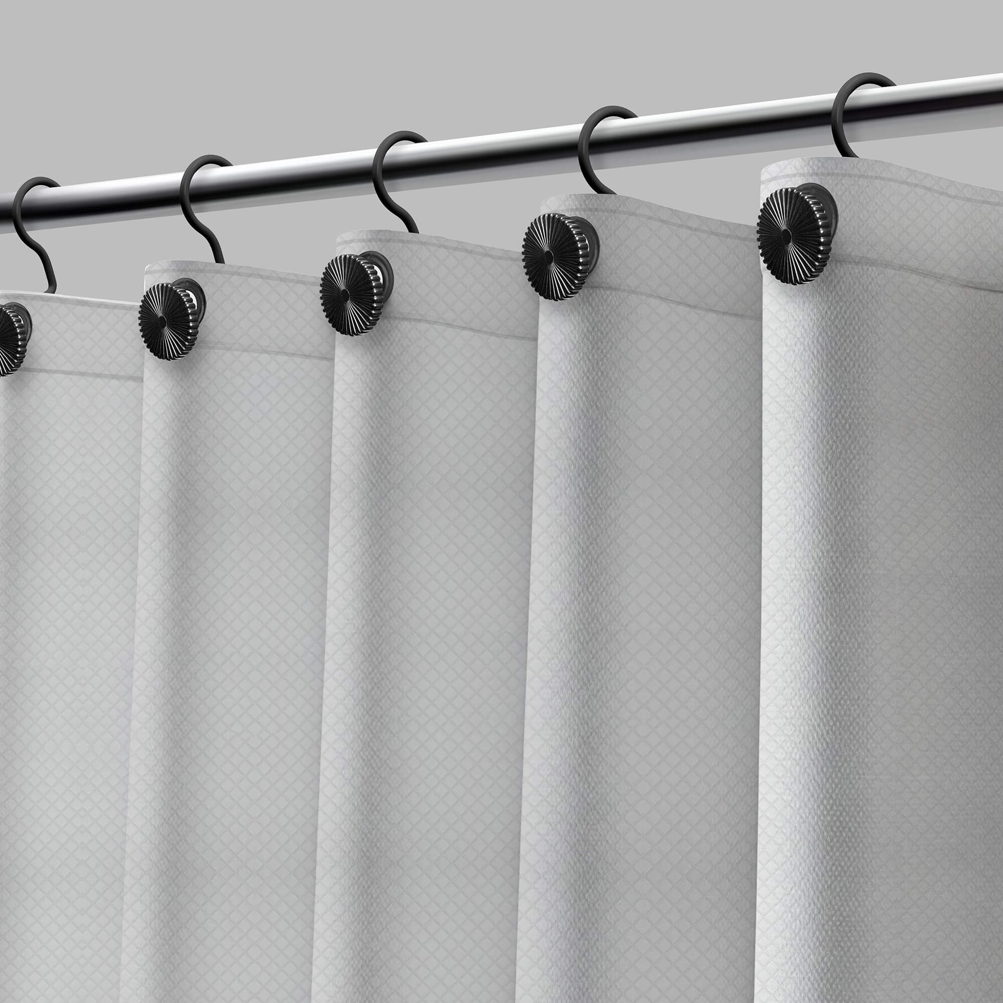 Diamonds PEVA Shower Liner in Black / White, three-quarter view.