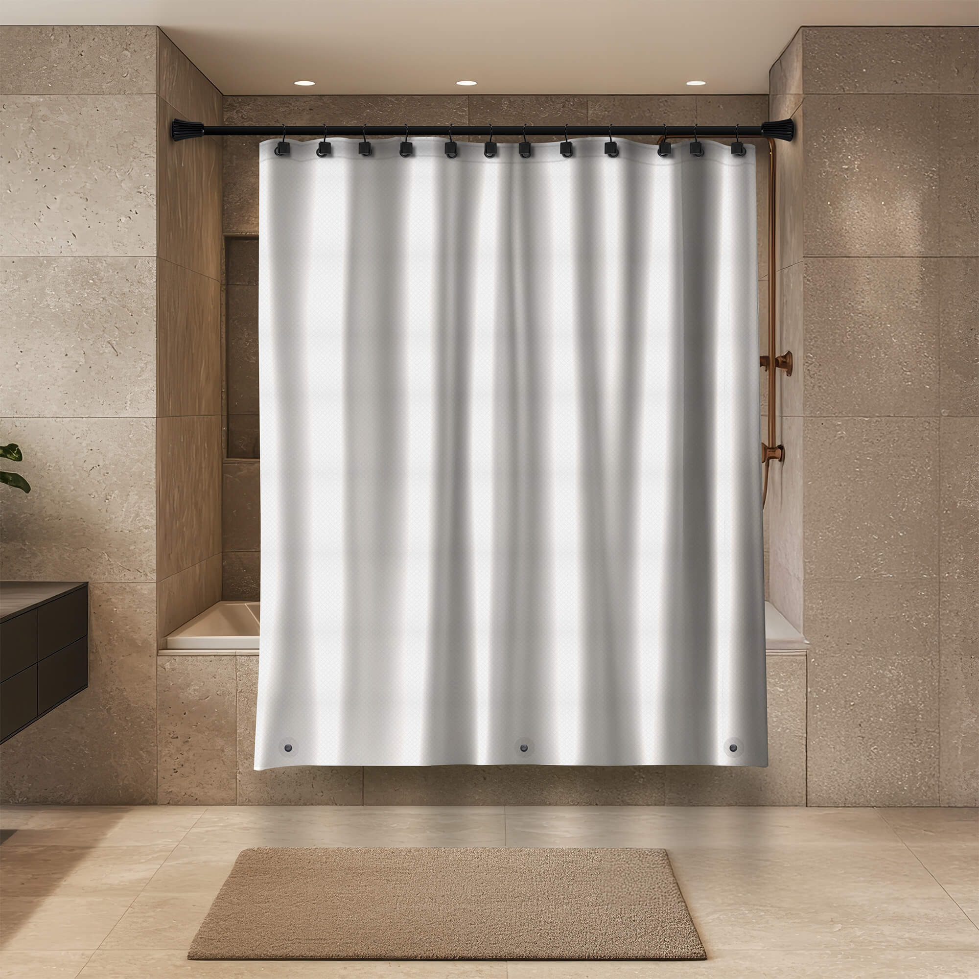 Diamonds PEVA Shower Liner in Black / White, lifestyle view.