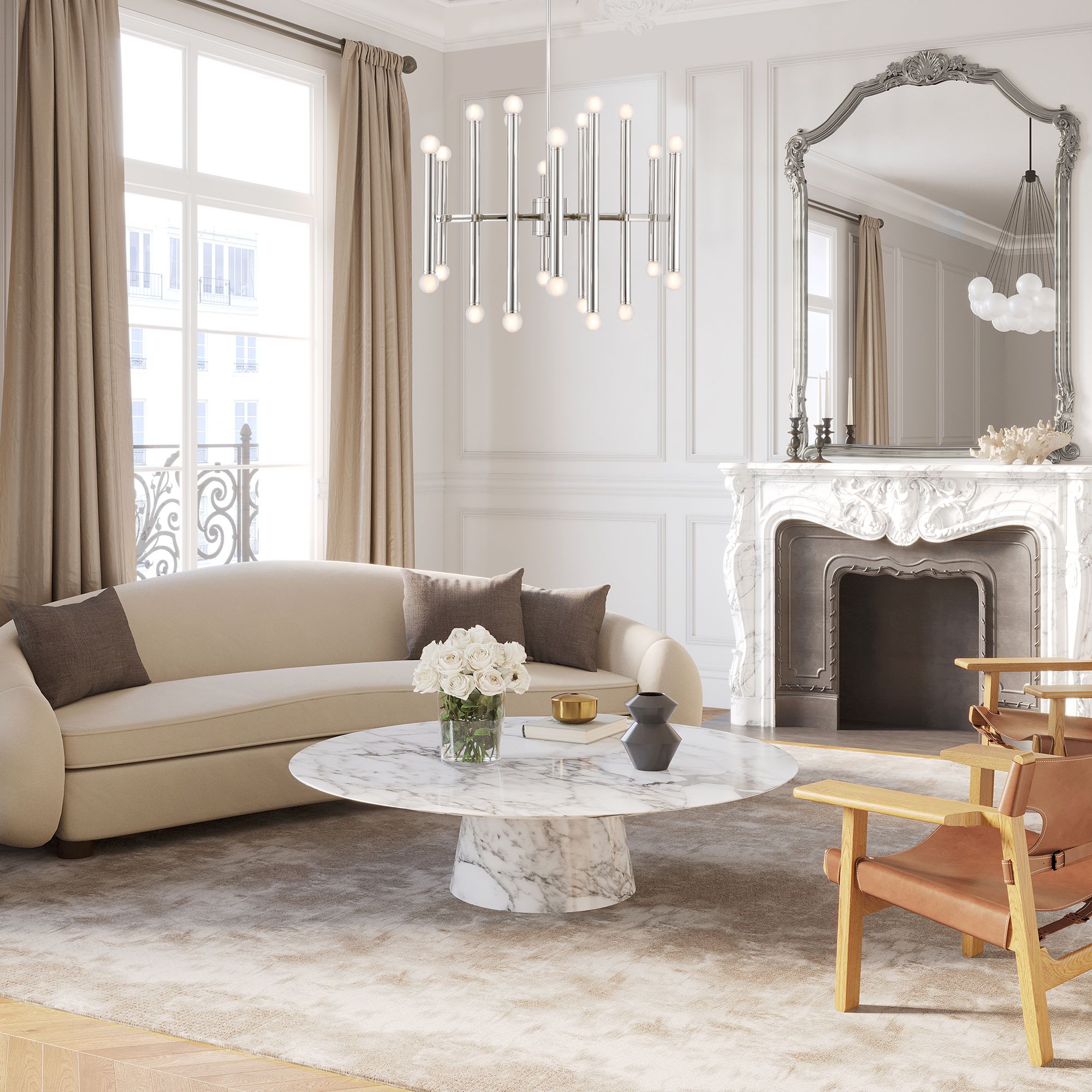 Melrose 24-Light Pendant in Polish Santin, Lifestyle View.