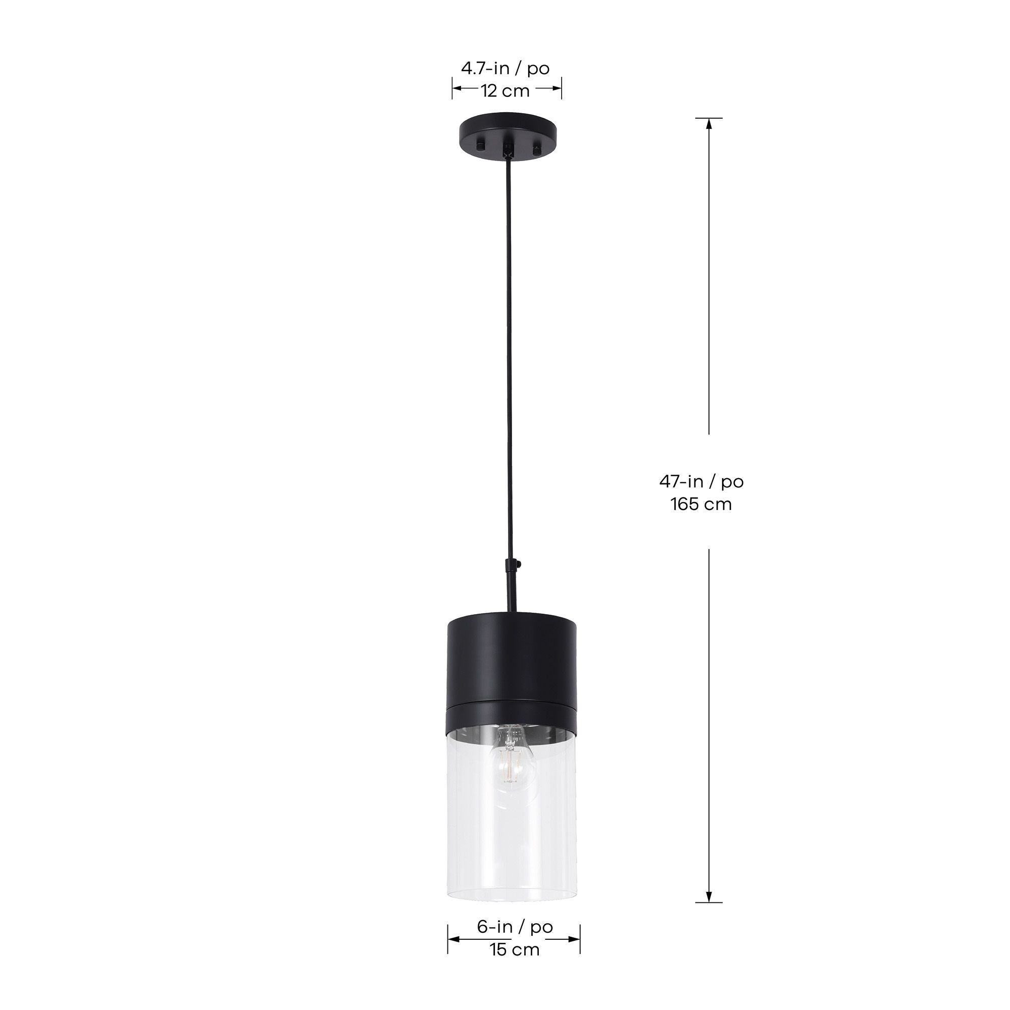 Athena Pendant in 1-Light / Matte Black, Dimensions Diagram.