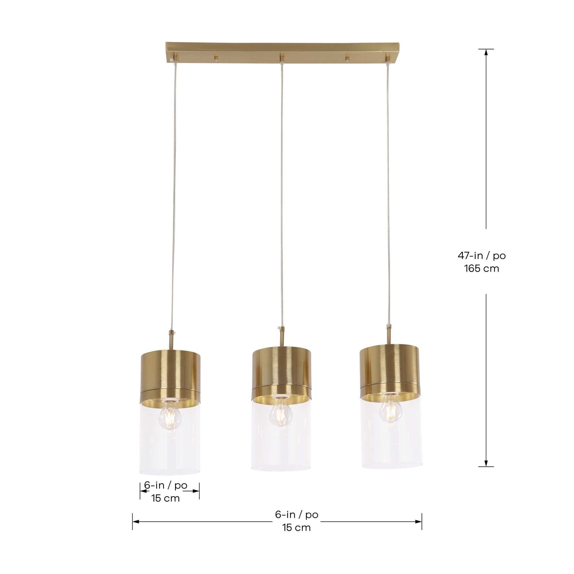 Athena Pendant in 3-Light / Gold, dimensions diagram.