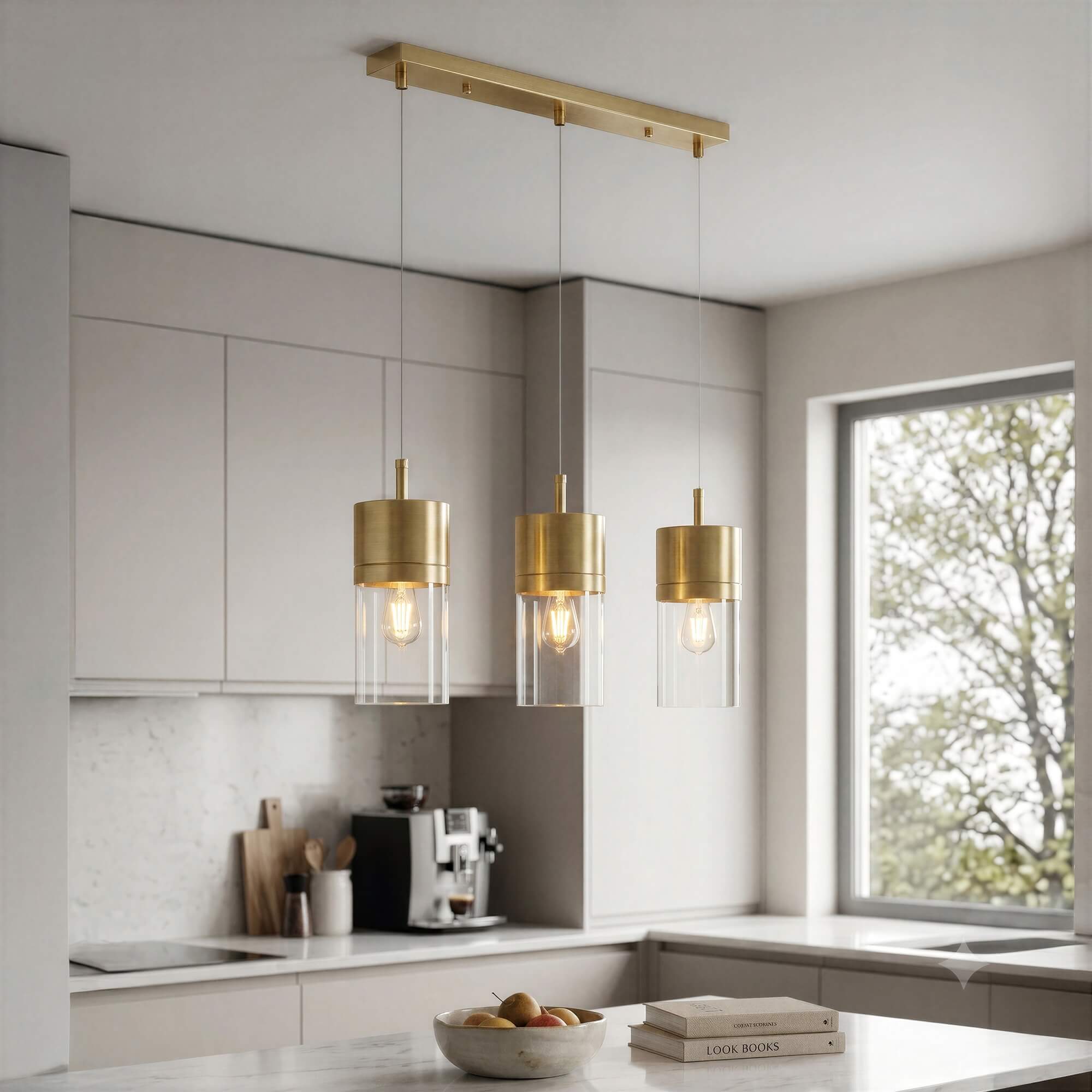 Athena Pendant in 3-Light / Gold, lifestyle view.