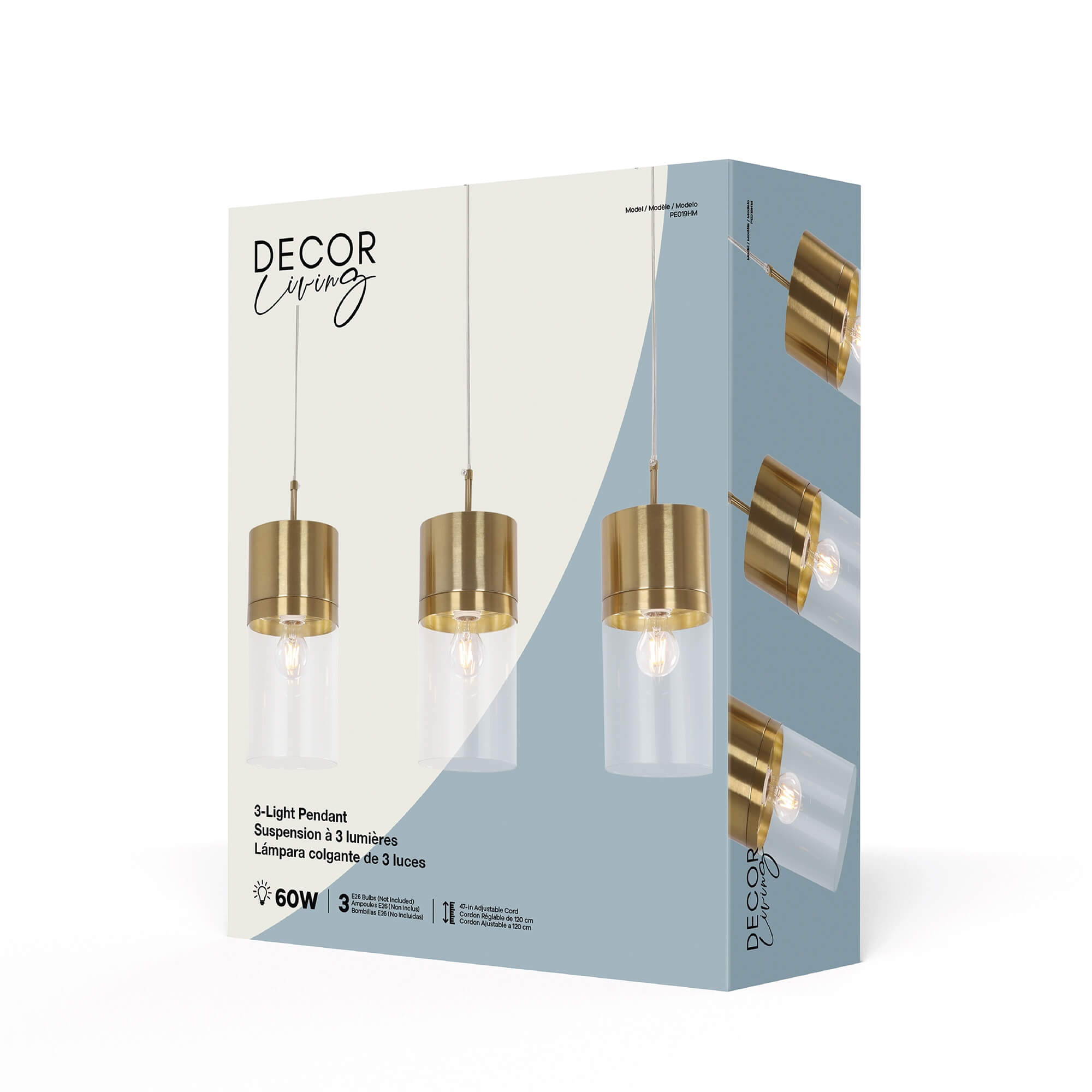 Athena Pendant in 3-Light / Gold, packaging view.