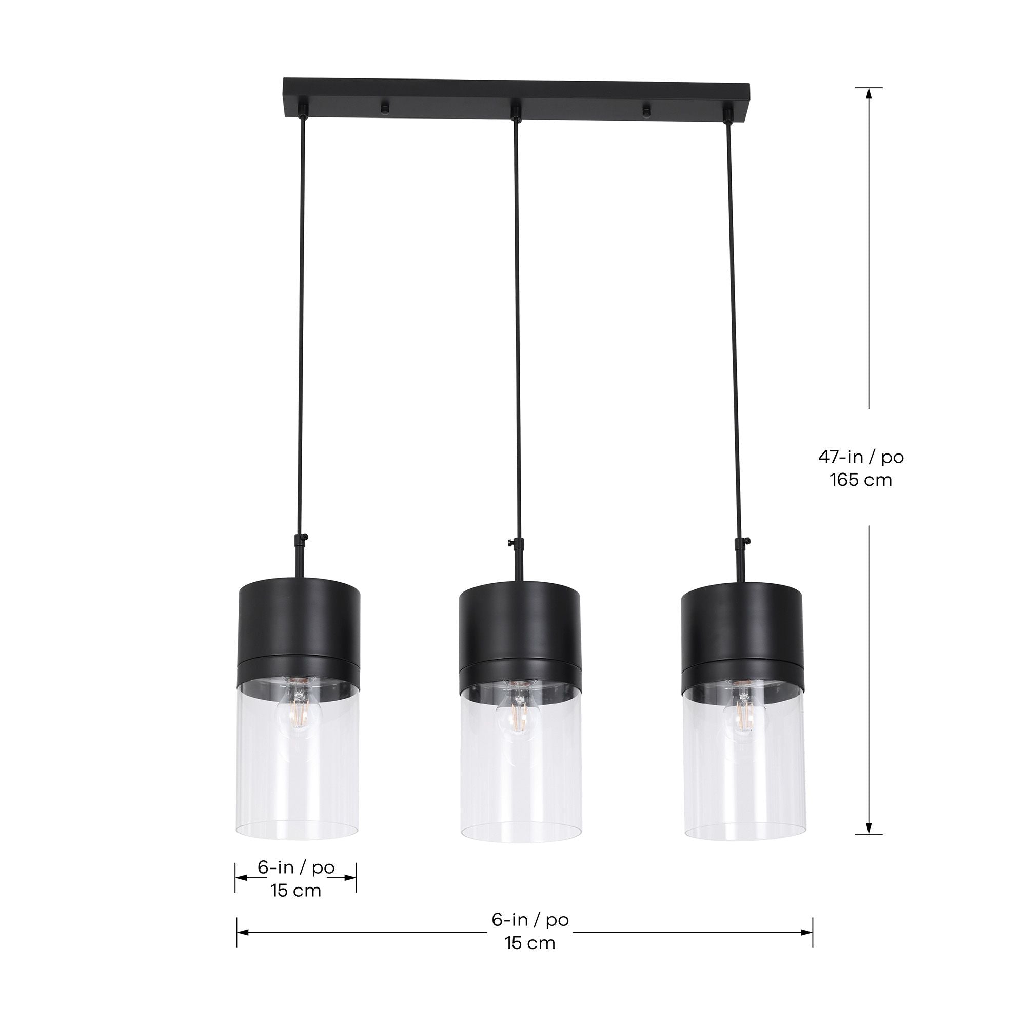 Athena Pendant in 3-Light / Matte Black, Dimensions Diagram.