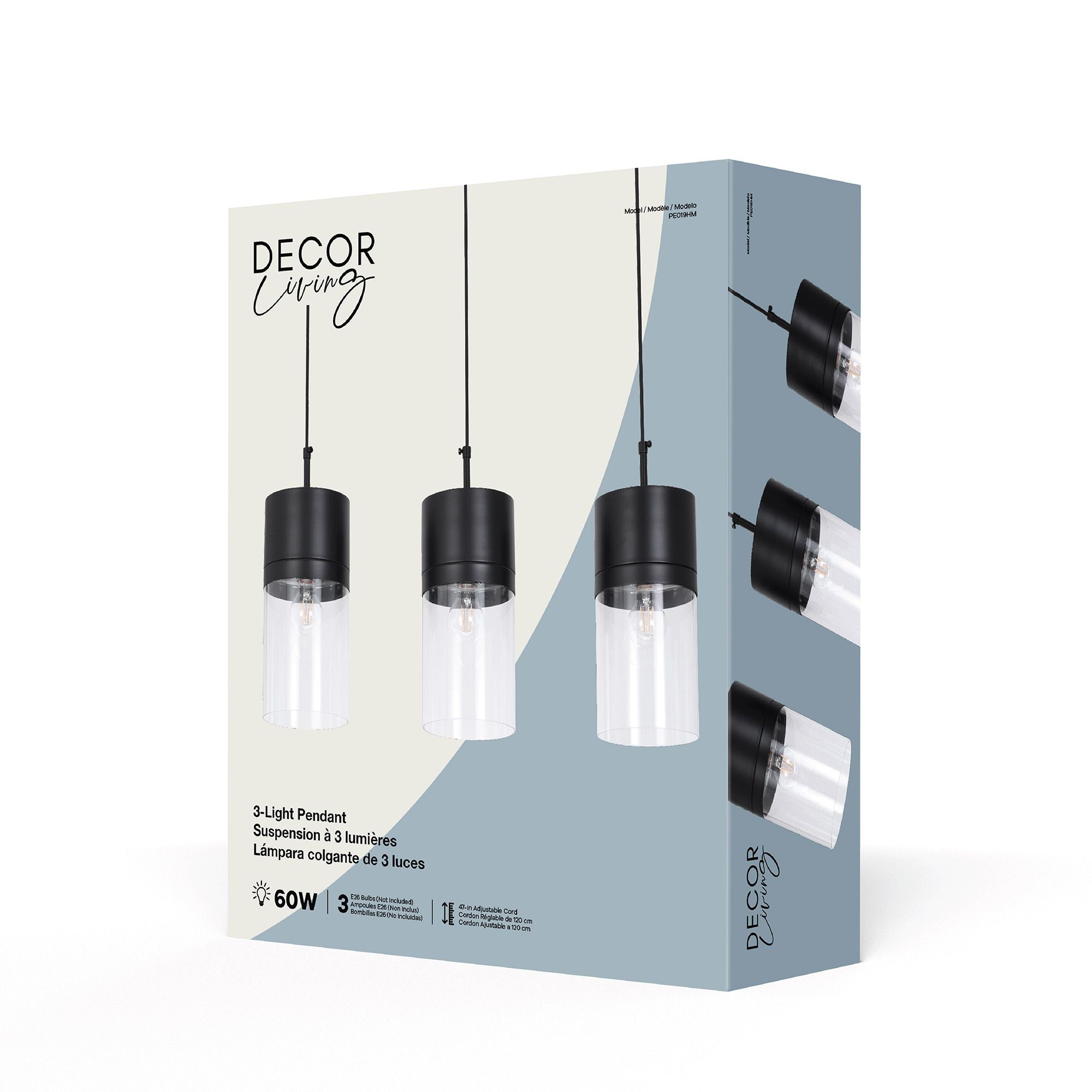 Athena Pendant in 3-Light / Matte Black, Packaging View.