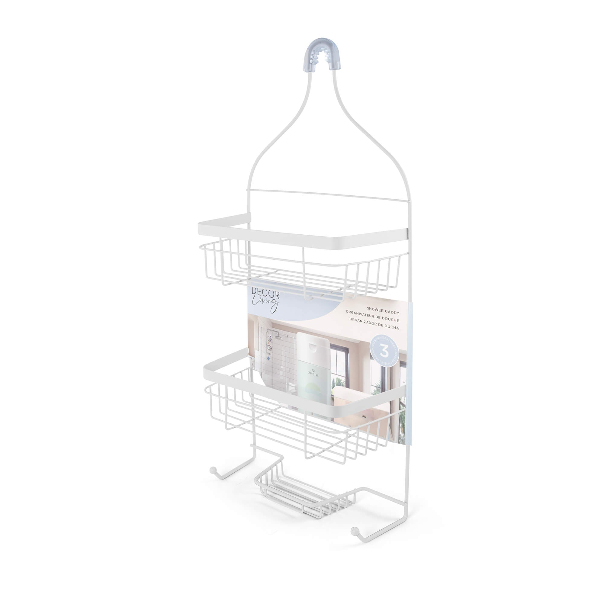 Savannah 3-Tier Shower Caddy in Matte White, packaging view.
