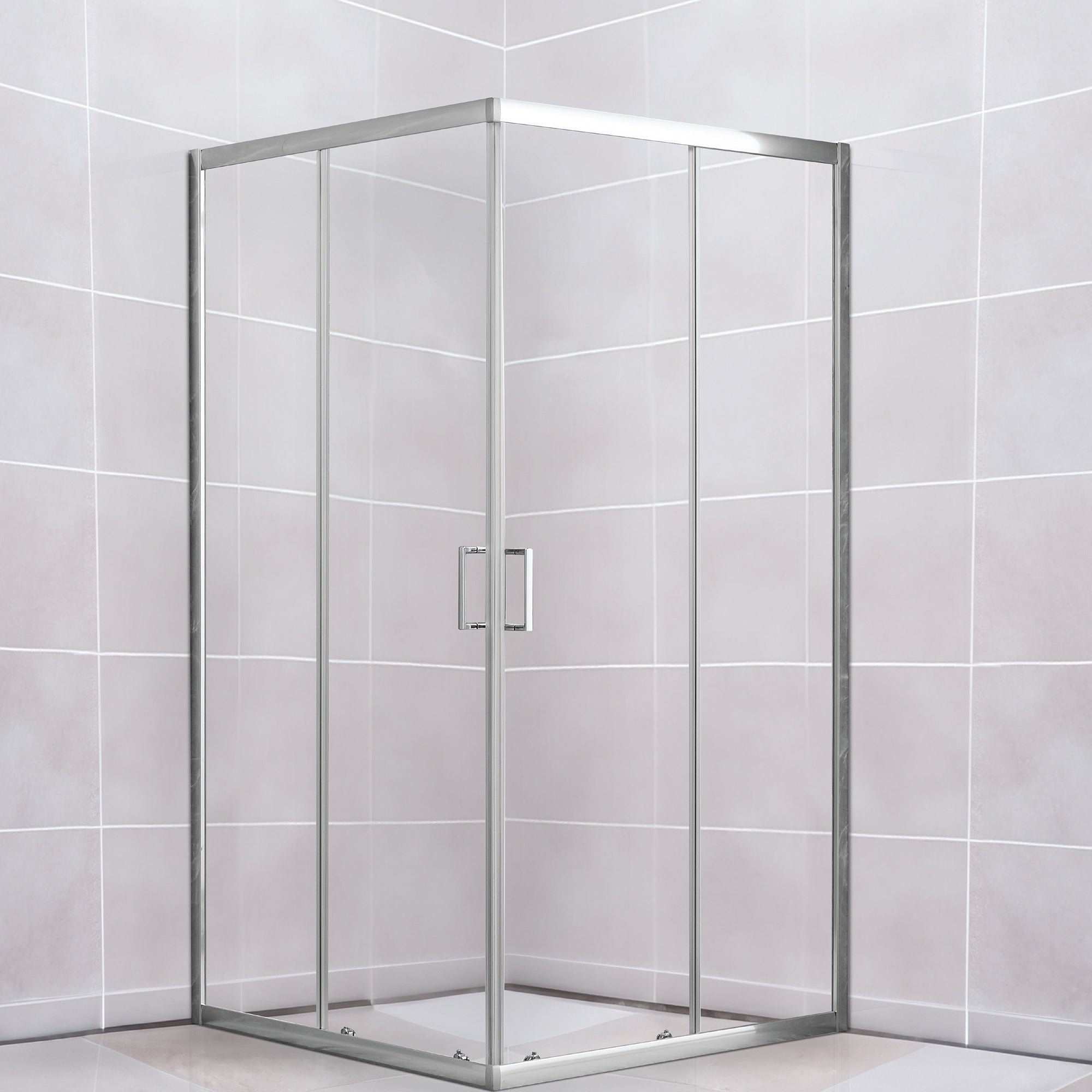 Kobe Enclosed Shower Door in Stainless Steel, Lifestyle View.