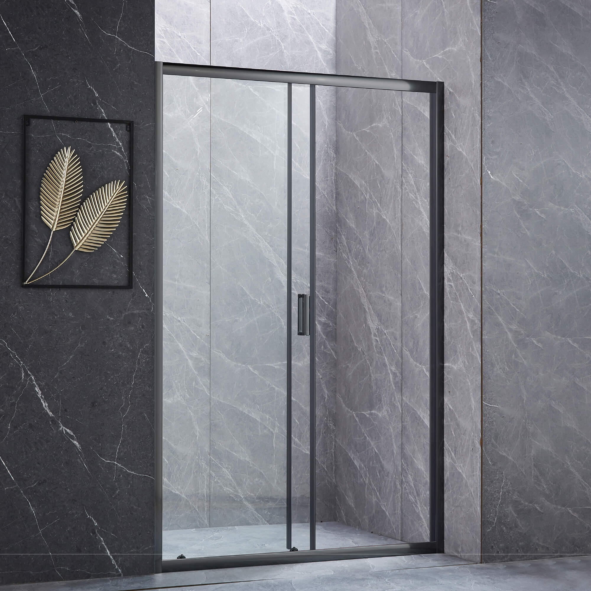 Klyde Sliding Shower Door in 47 in / Matte Black, Lifestyle View.