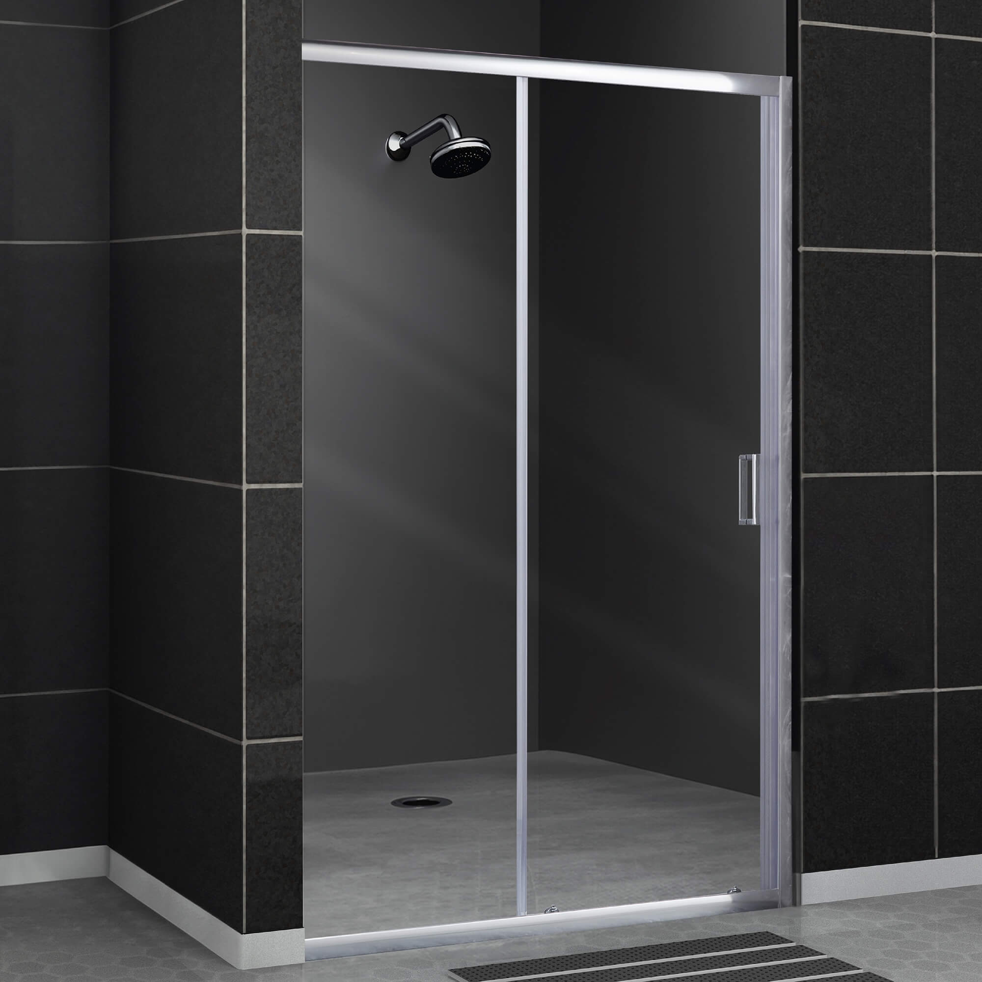 Klyde Sliding Shower Door in 47 in / Stainless Steel, Lifestyle View.