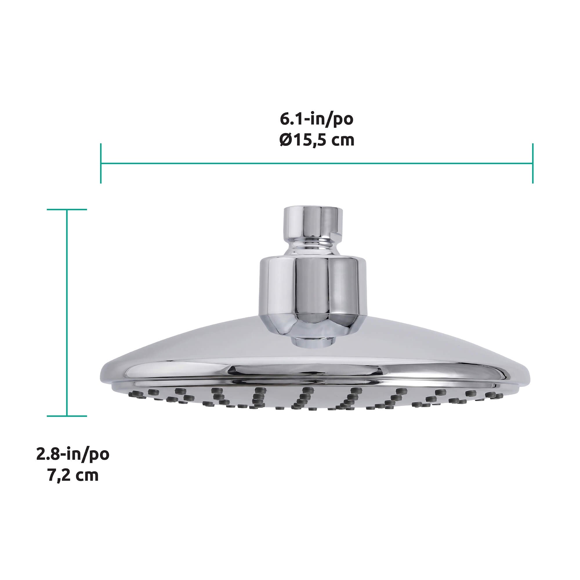Lina 1 Function Shower Head in Chrome, Dimensions Diagram.