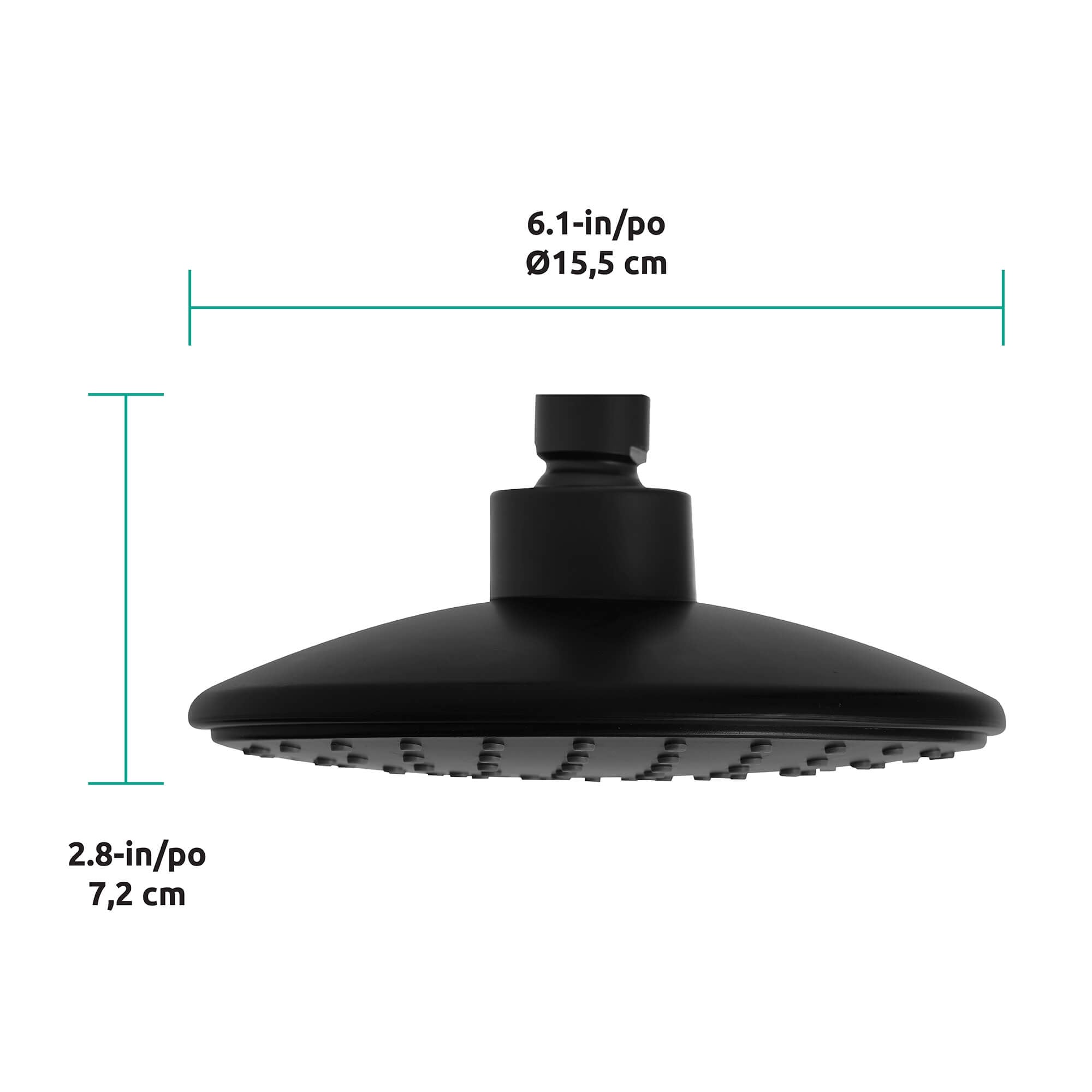 Lina 1 Function Shower Head in Matte Black, Dimensions Diagram.