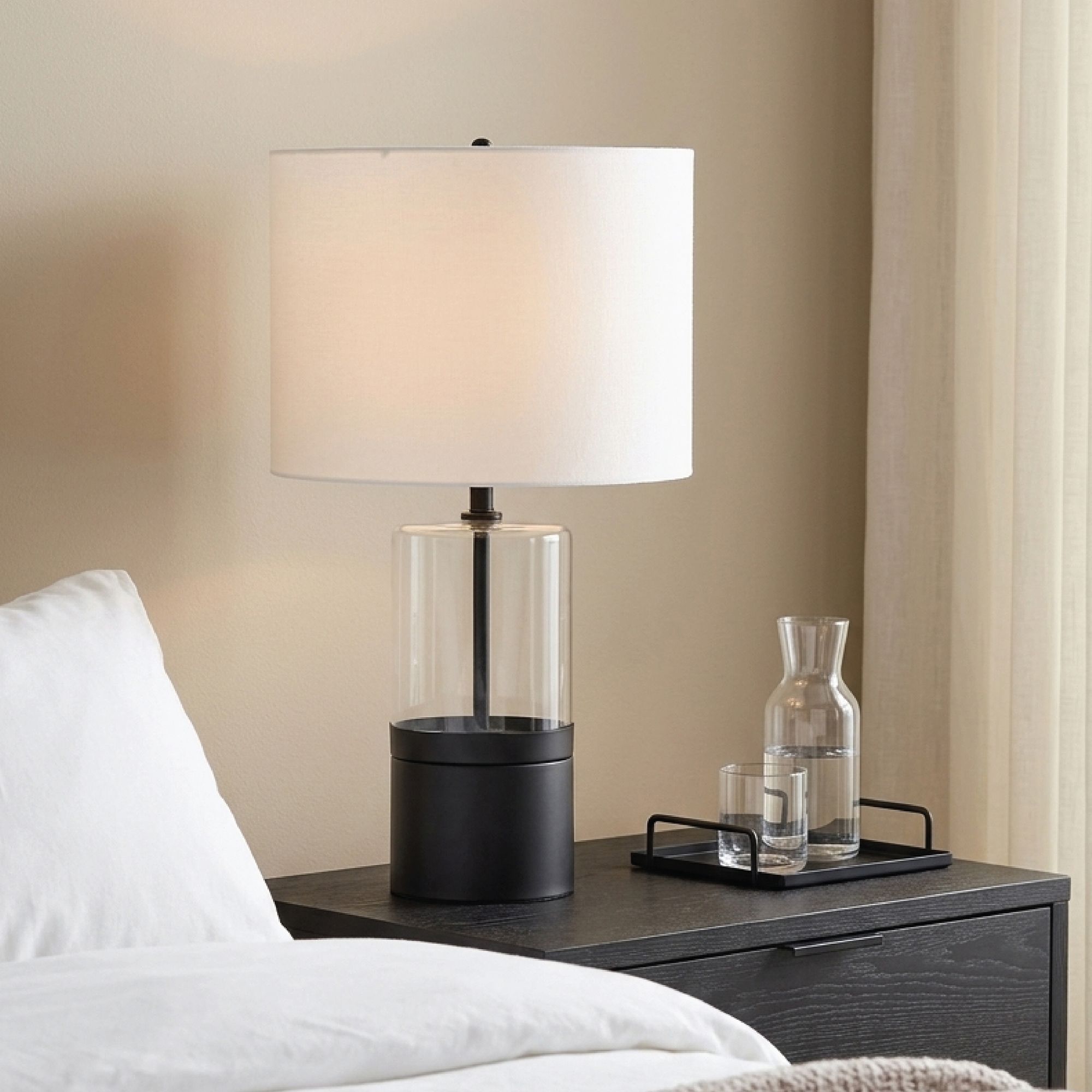Athena 1-Light Table Lamp in Matte Black, Lifestyle View.
