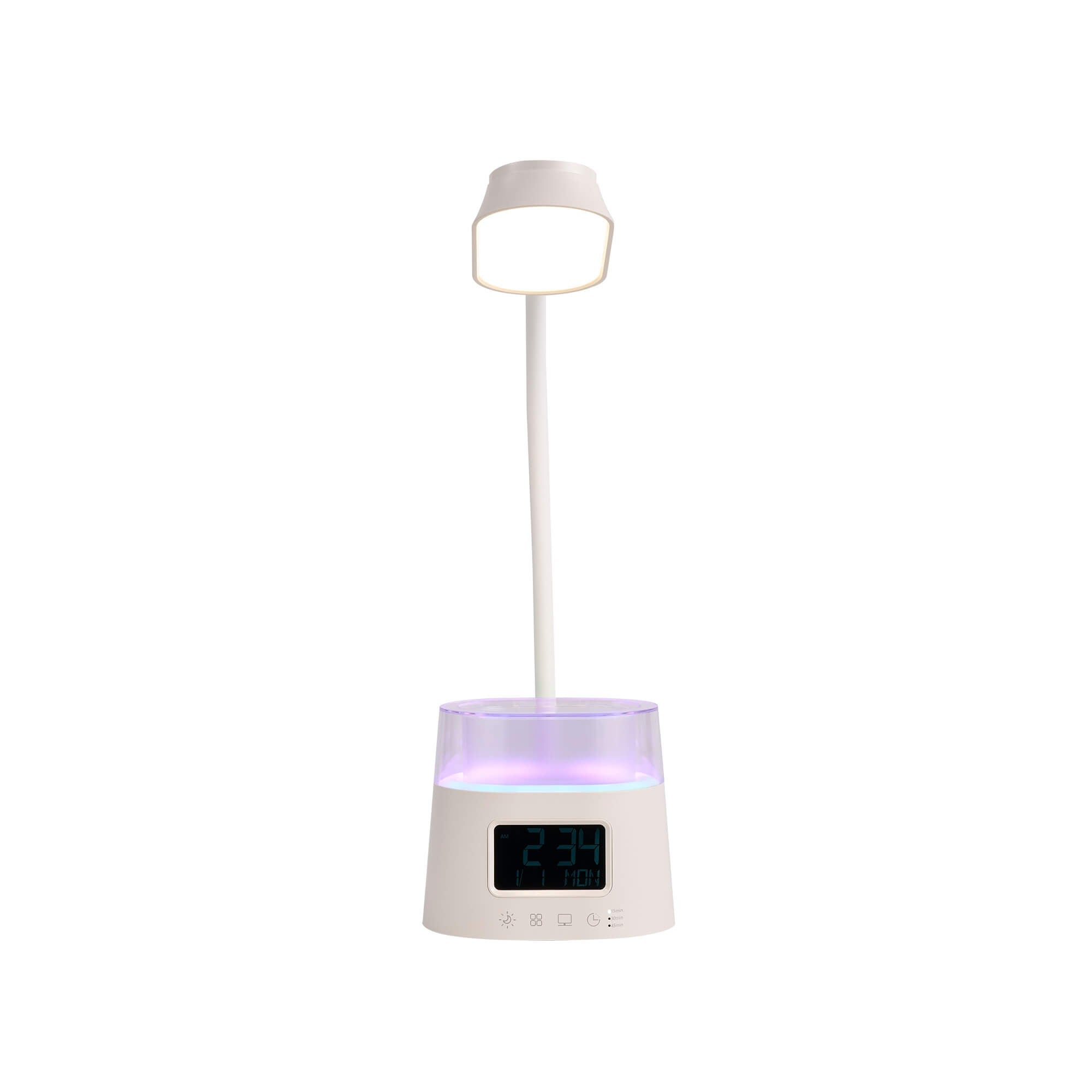 Iris LED Multifunctional Desk Lamp, Front View, powered on.