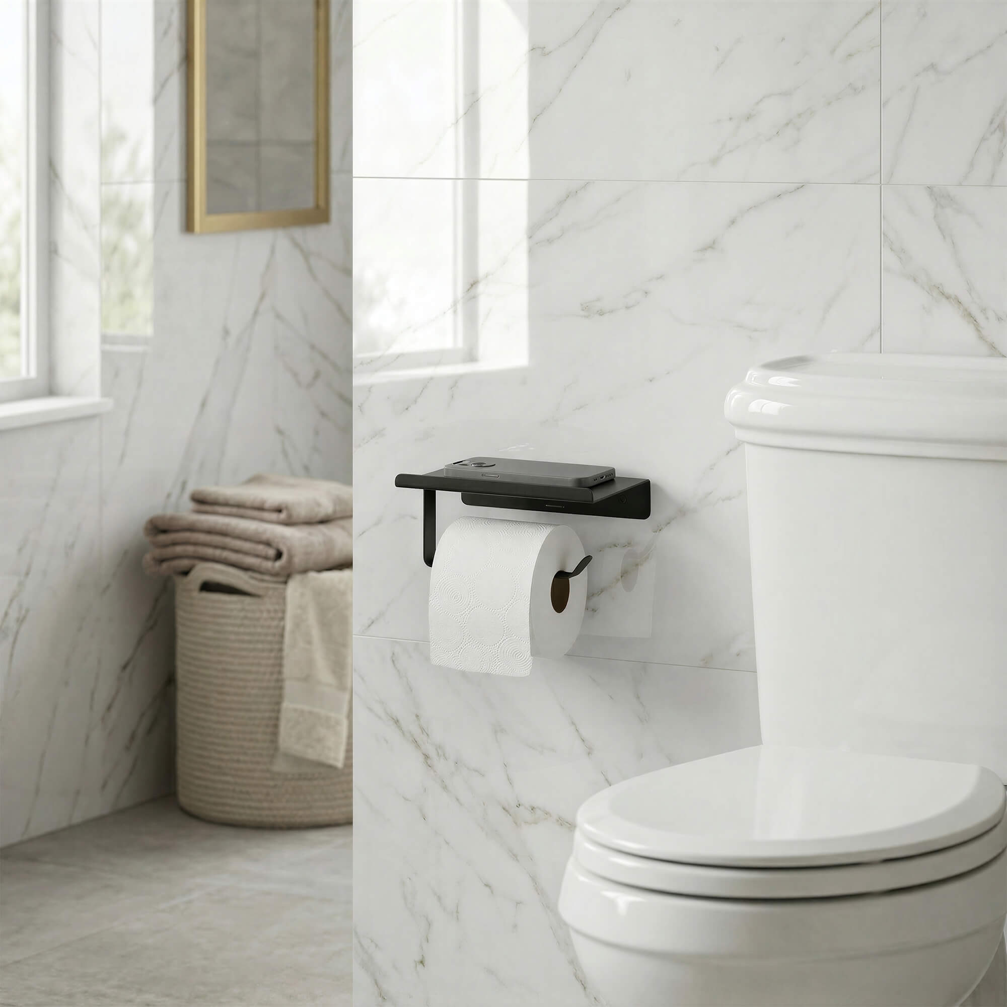Gil Toilet Paper Dispenser in Matte Black, lifestyle view.